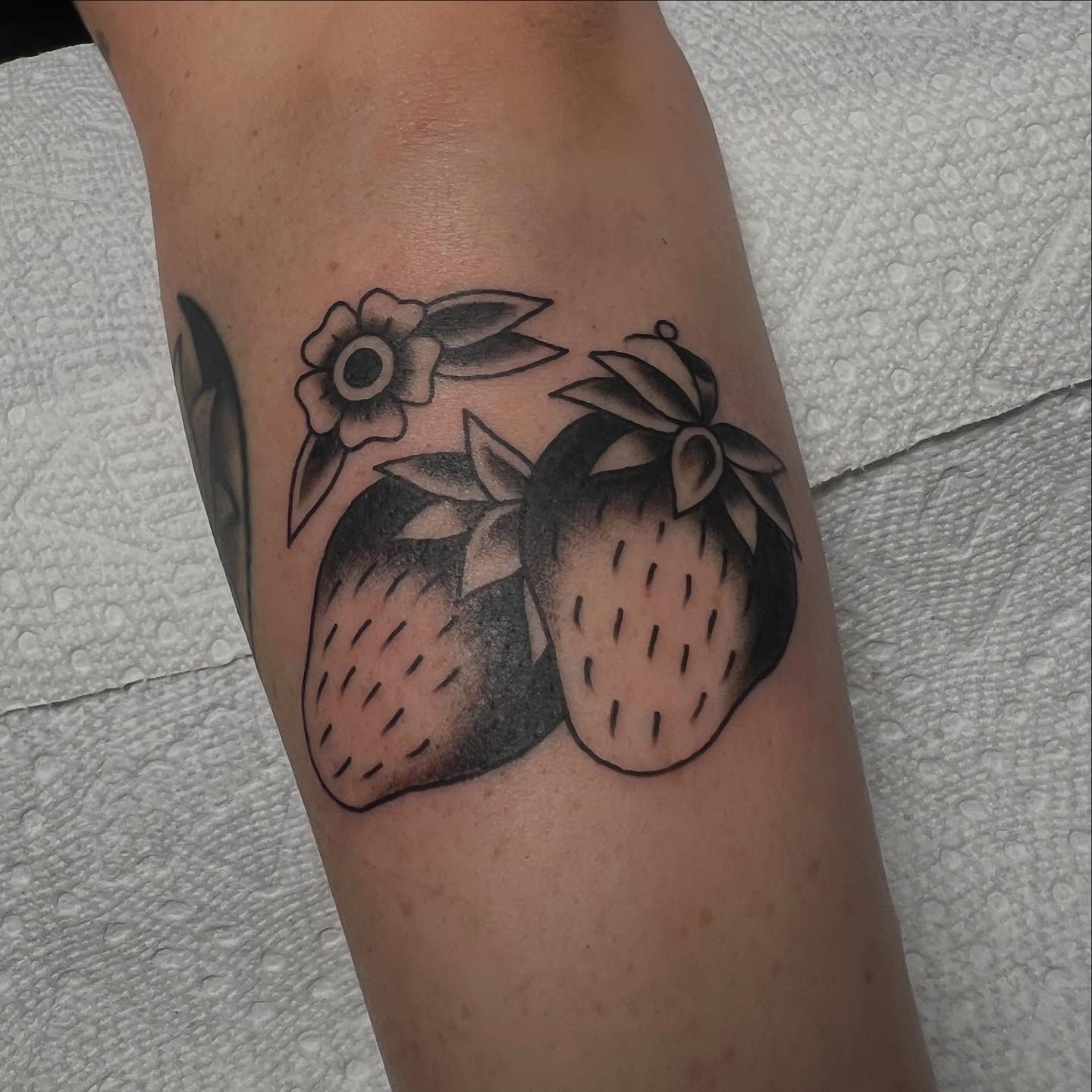 Strawberries and flowers black and grey tattoo on the forearm by ✮KAT✮