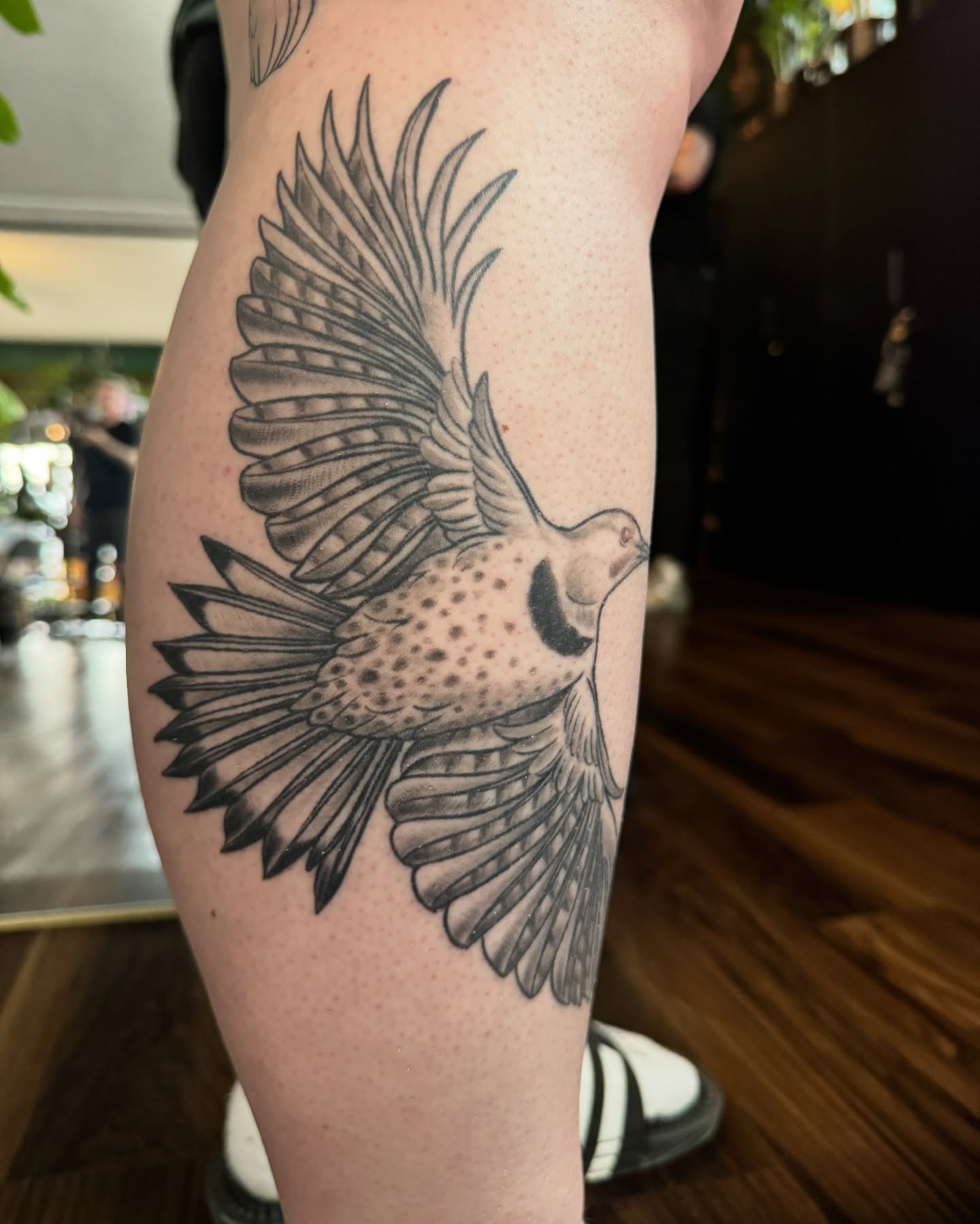 Bird dotwork tattoo on the thigh by Chelsea Youngblood, Seattle, Washington