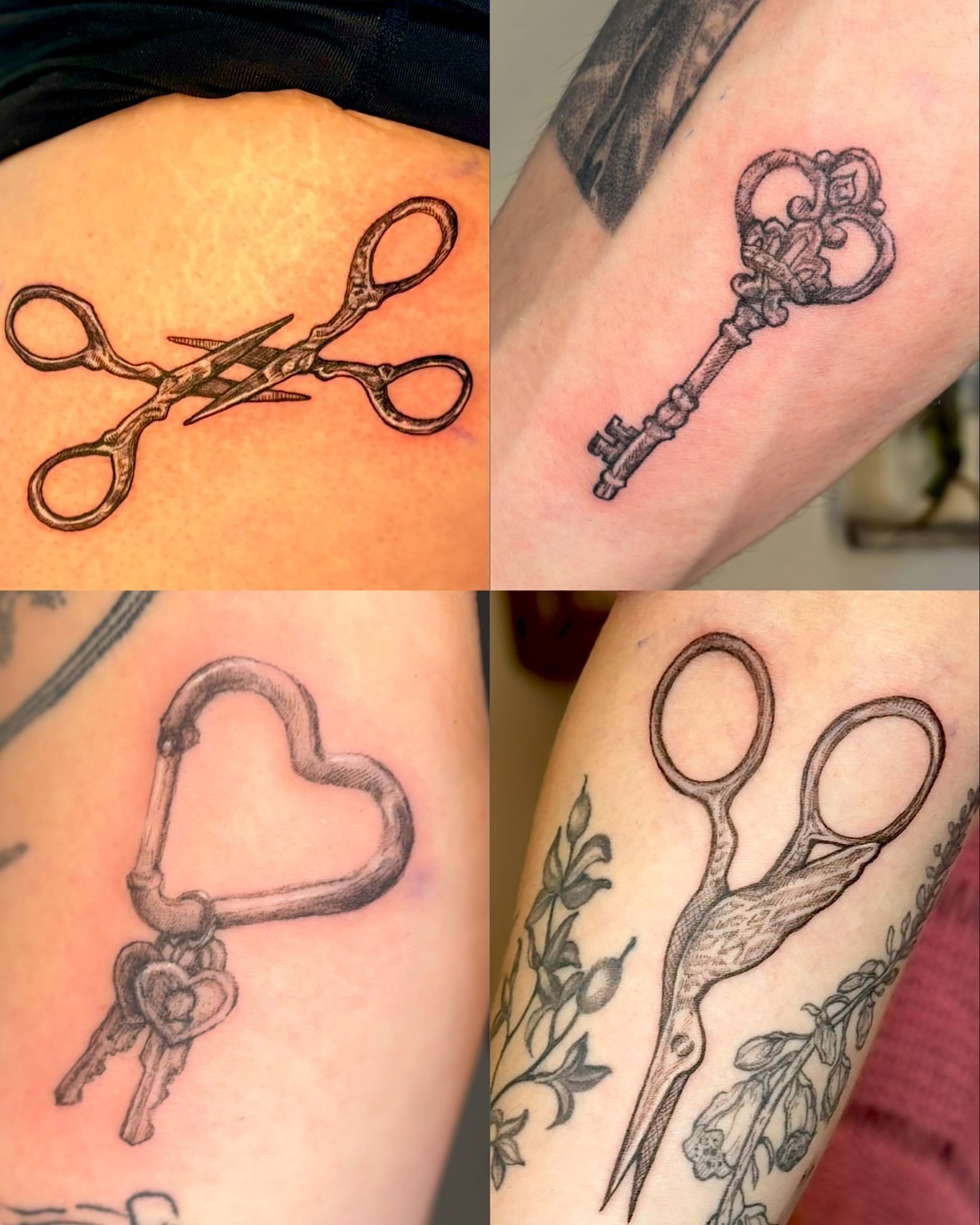 Scissors black and grey tattoo on the upper arm by Wren Cavanaugh Tattoos, Seattle, Washington