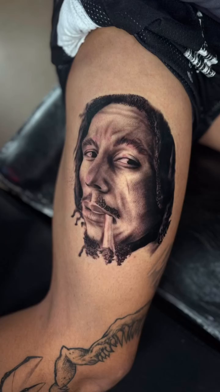 Portrait of Bob Marley realism tattoo by Ian Chancellor, Leighton Buzzard, England