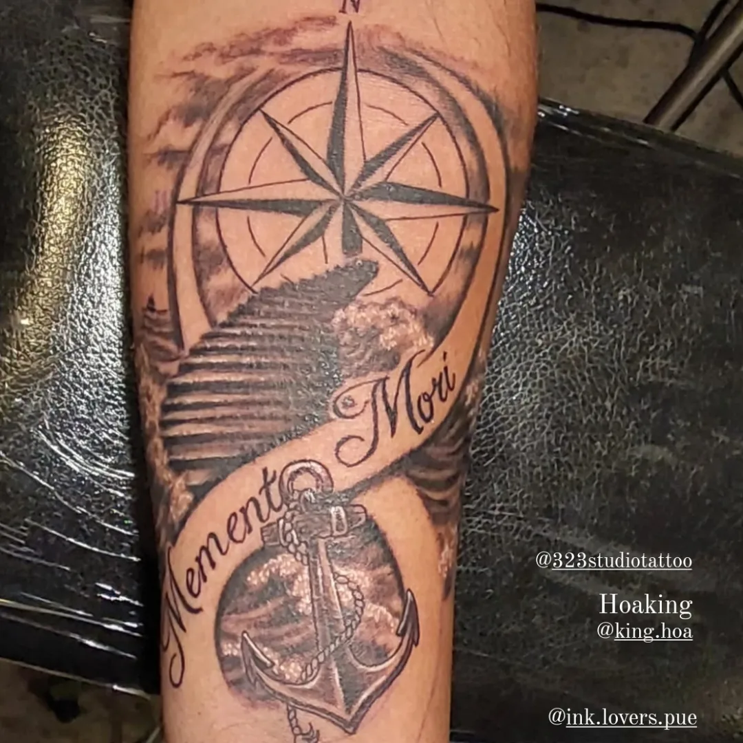 Compass, anchor, 'Memento Mori' realism tattoo on the forearm by Hoa King