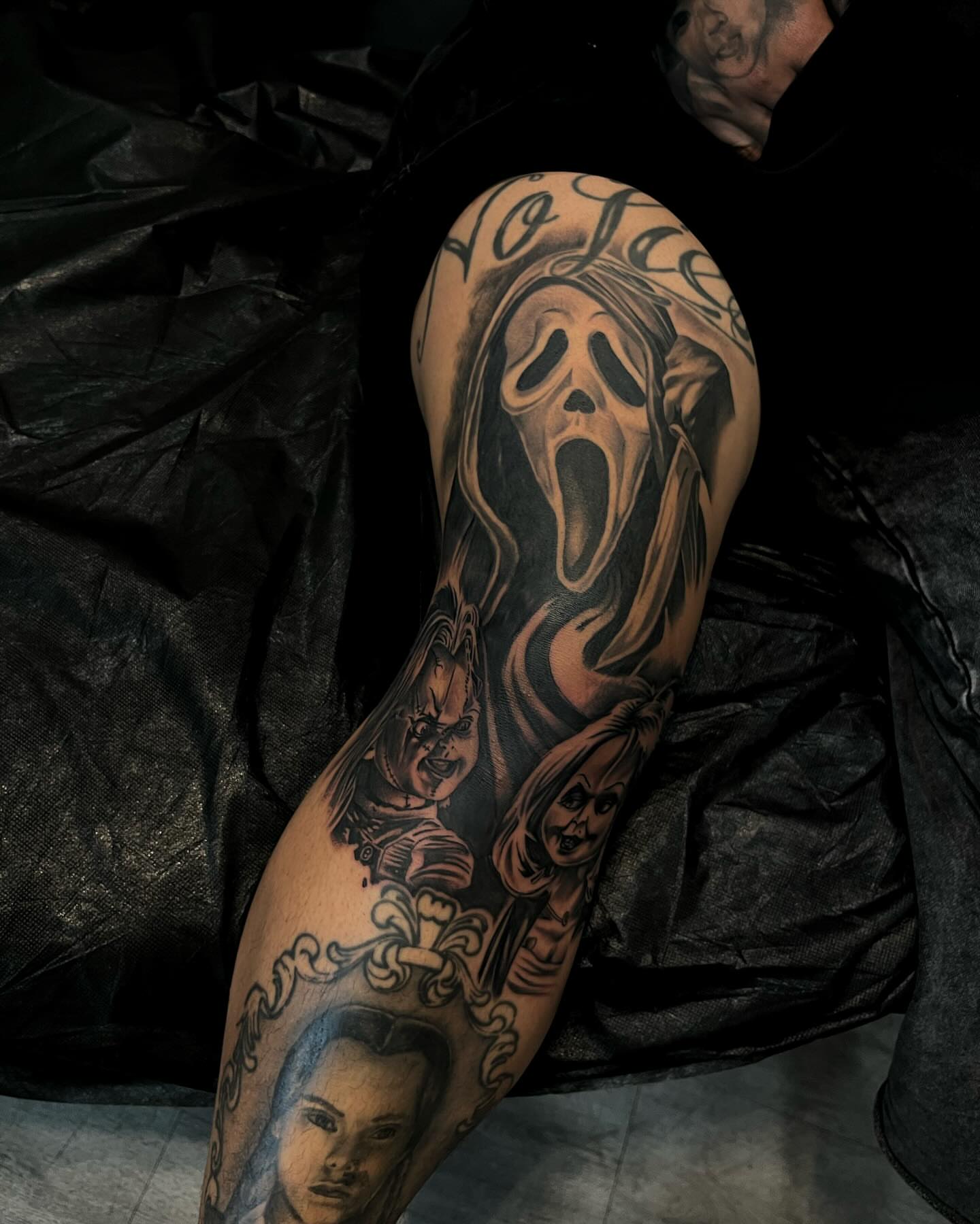 Scream characters realism tattoo on the thigh by michael