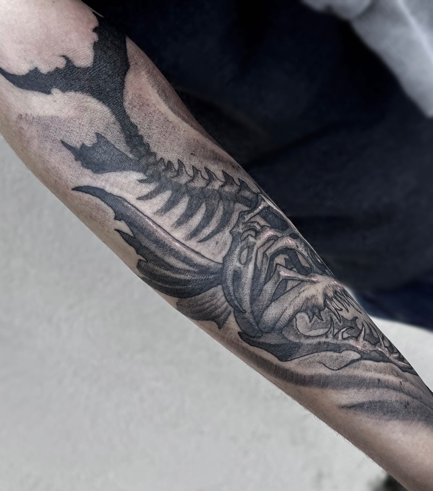 Shark black and grey tattoo on the forearm by Jamie