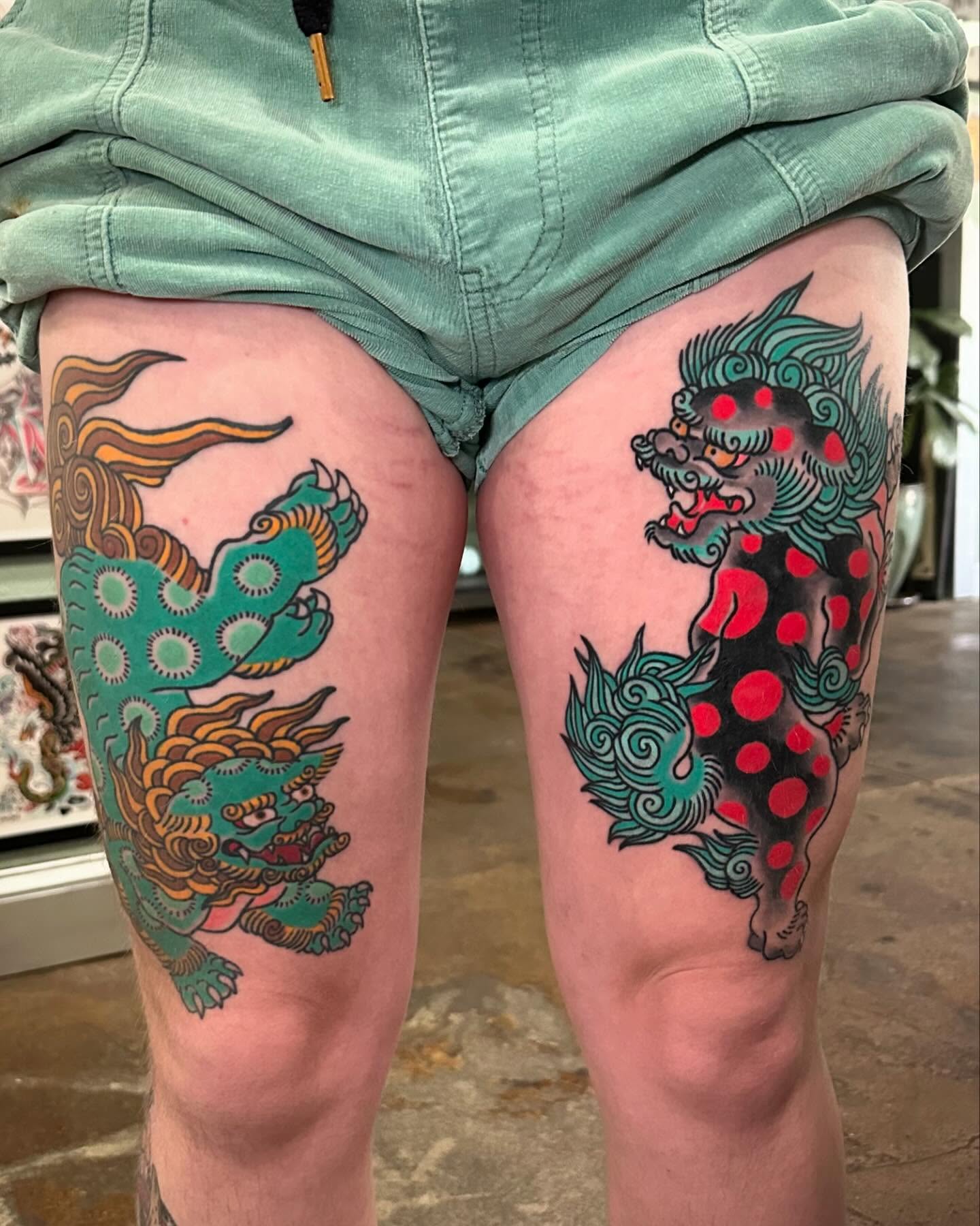 Mythical creatures dotwork tattoo on the thigh by 𝕯𝖗𝖊𝖜 𝕲𝖎𝖑𝖊𝖘 𝕵𝖆𝖙𝖙𝖔𝖔, Addison, Texas