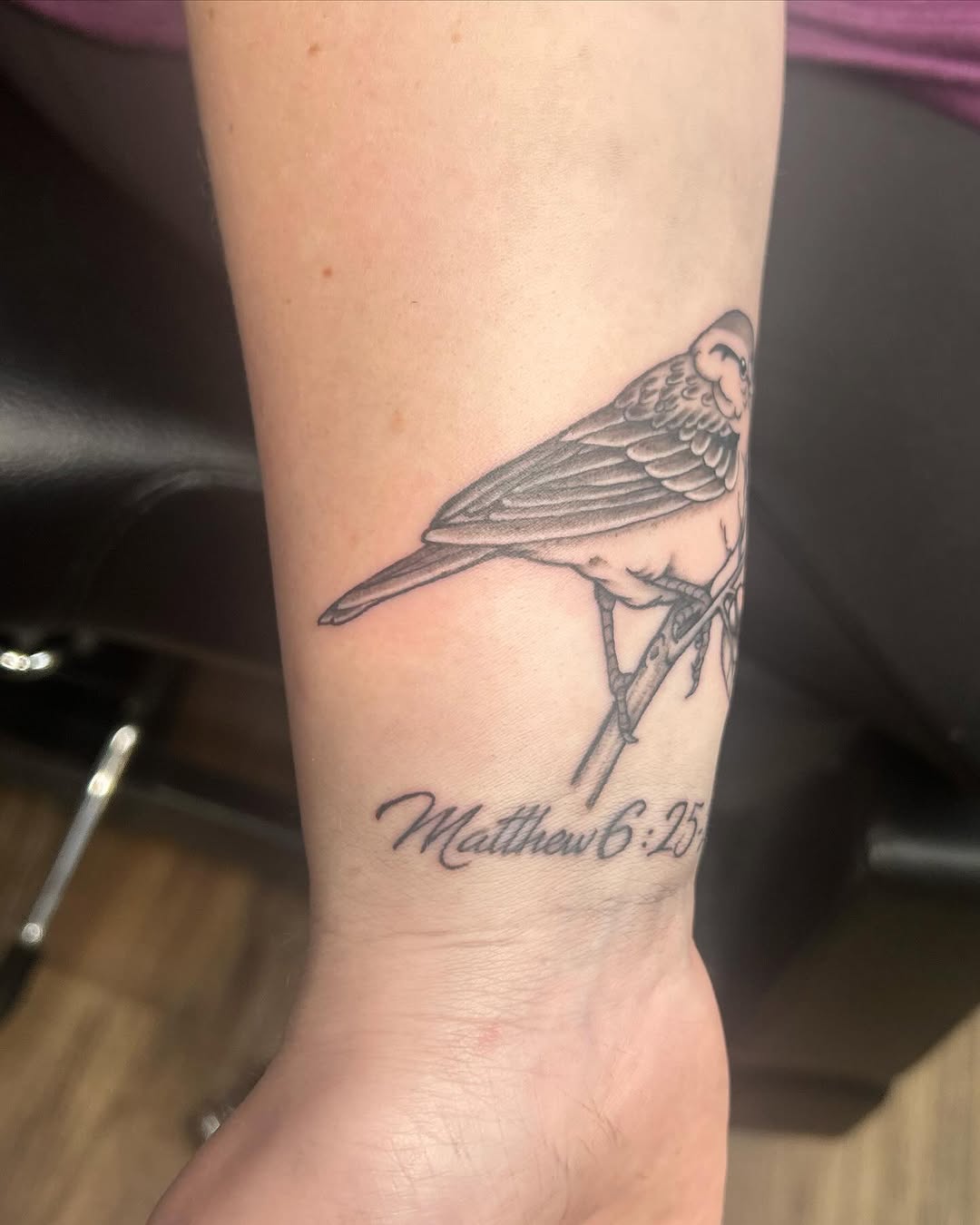 Bird on a branch with scripture tattoo on the forearm by Abby Camacho - Tattoo Artist and Piercer โจ๐