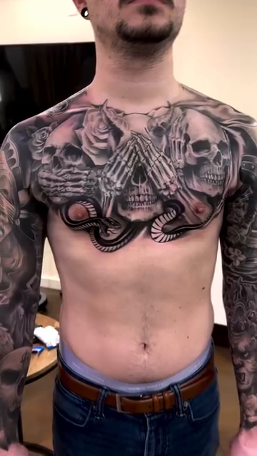 Skull with praying hands and snake dark realism tattoo by Mason Williams