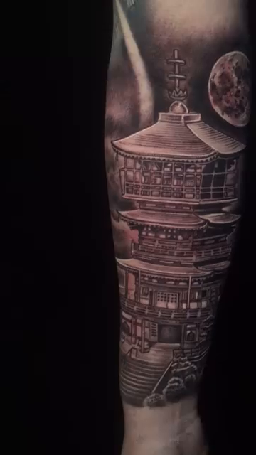 Japanese pagoda and moon japanese irezumi tattoo by Jose Calderon