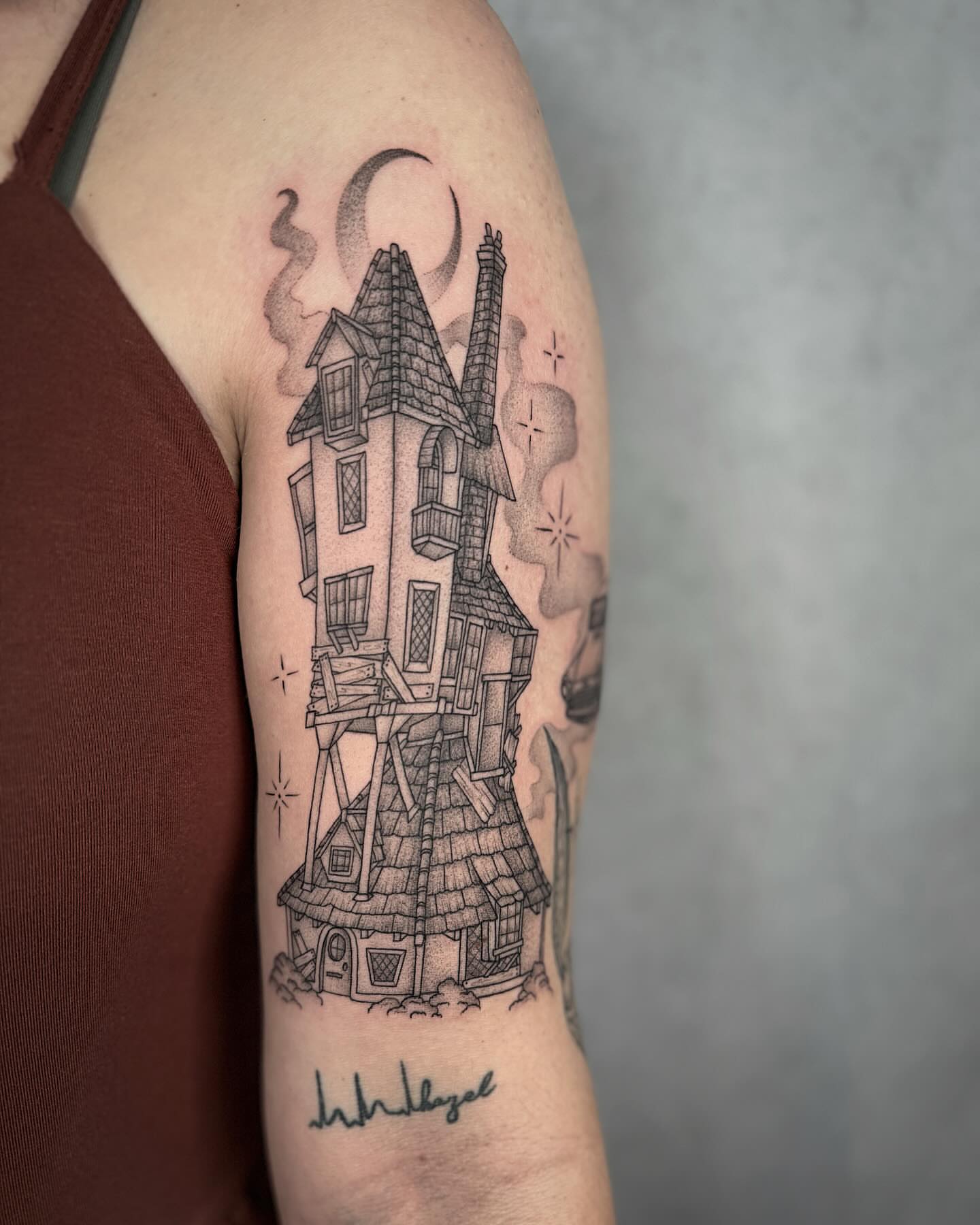 Haunted house realism tattoo on the forearm by Mallory Miller π³οΈβπ Eugene