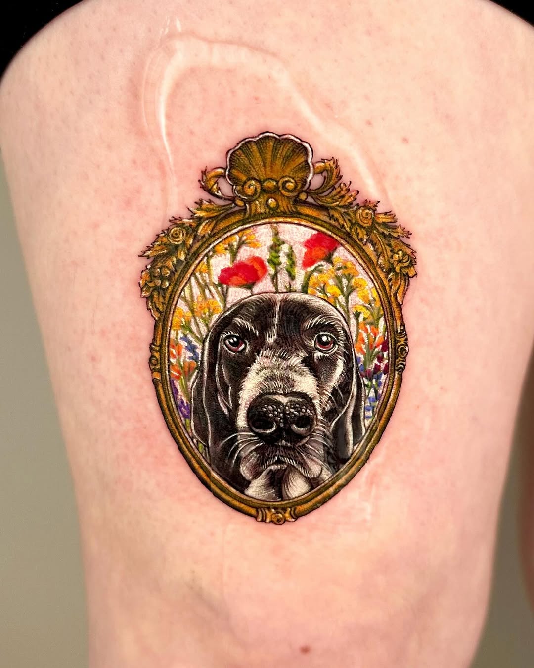 Realism tattoo on the thigh by Claire
