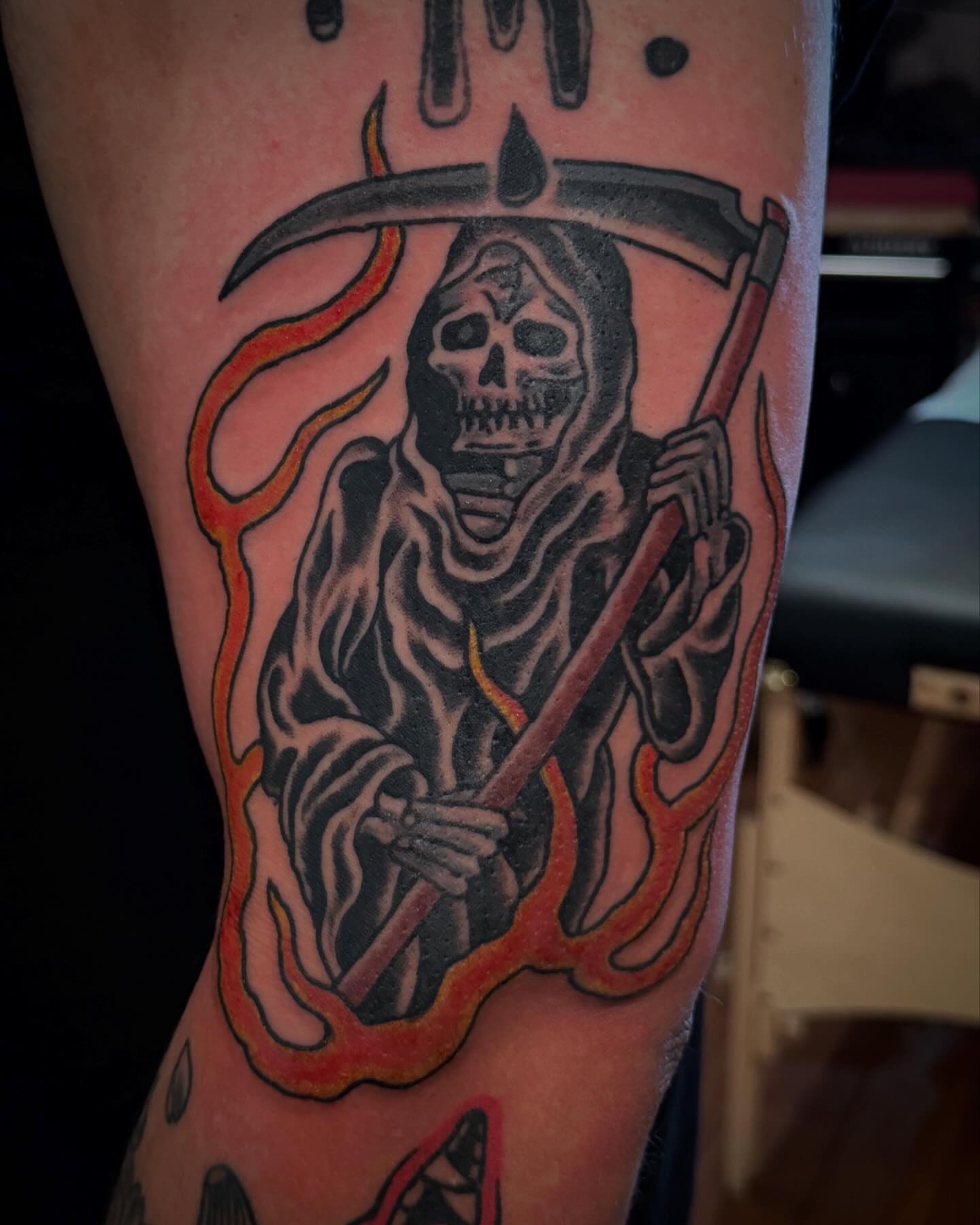Grim reaper American traditional tattoo on the forearm by Jesse Swanson, Santa Rosa, California