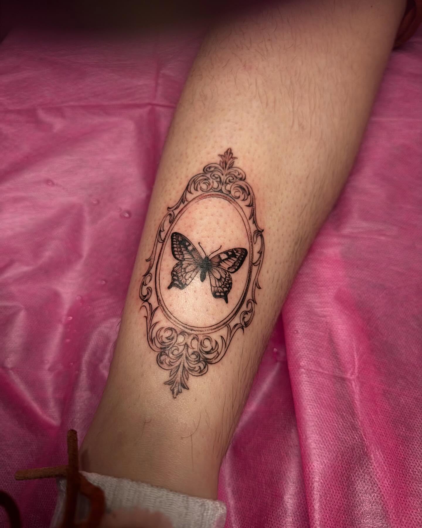 Butterfly black and grey tattoo on the forearm by Gabby Finearts
