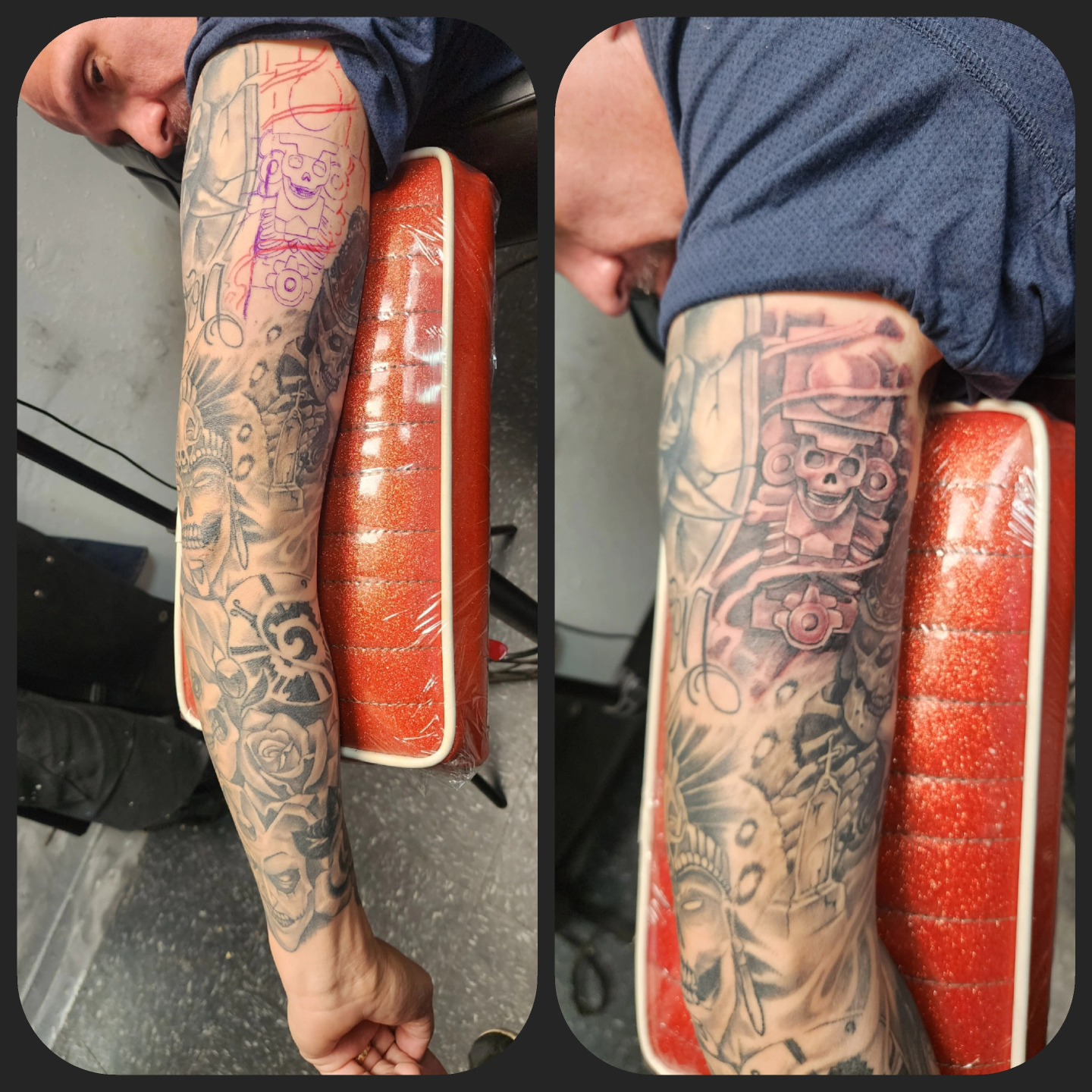 Mechanical and Aztec-themed imagery American traditional tattoo on the forearm by Joe Garcia