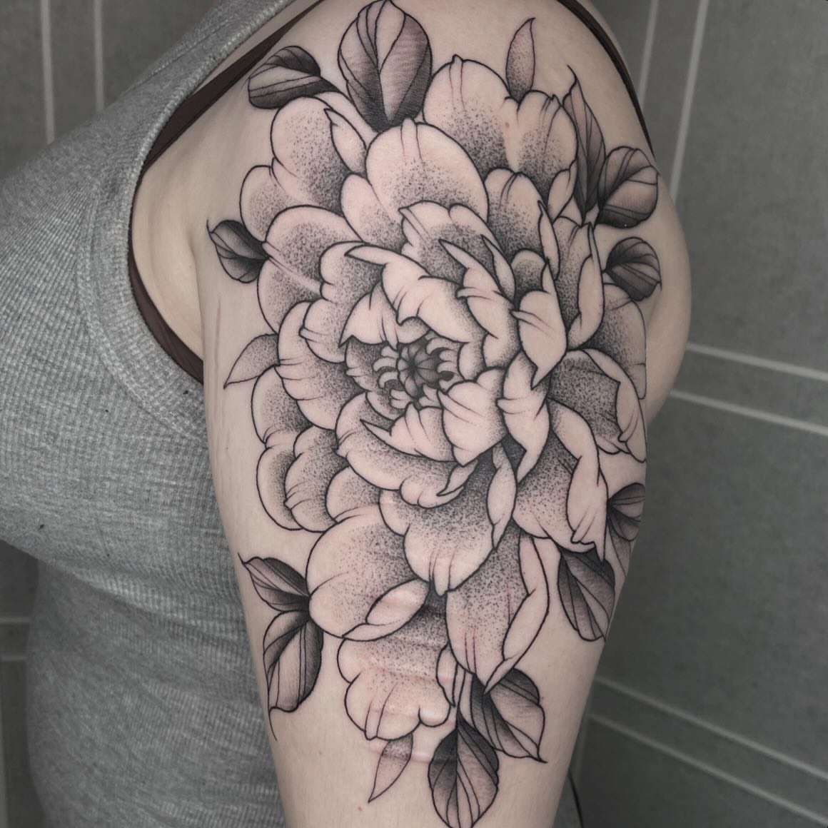Peony dotwork tattoo on the shoulder by Amanda Marie, Edmonds, Washington