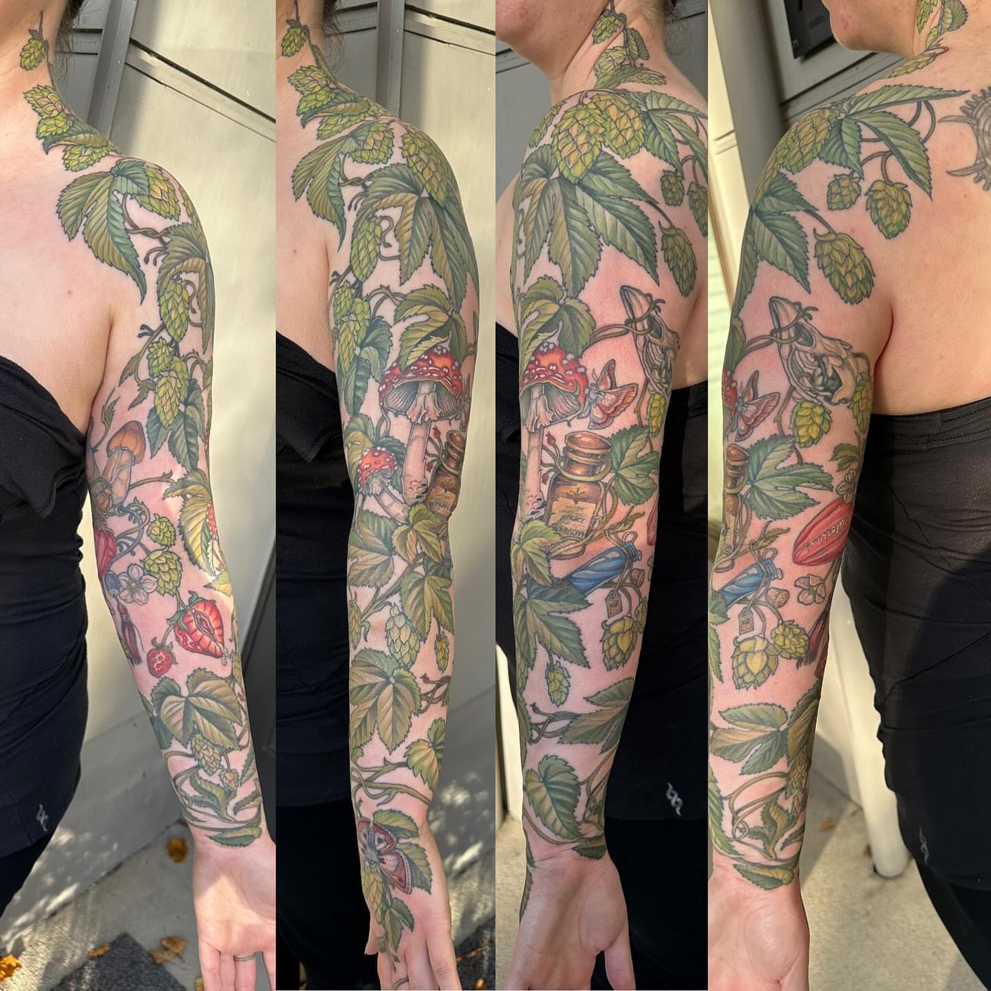 Hop plant and mushrooms illustrative tattoo on the upper arm by Cassidy Depew, Seattle, Washington