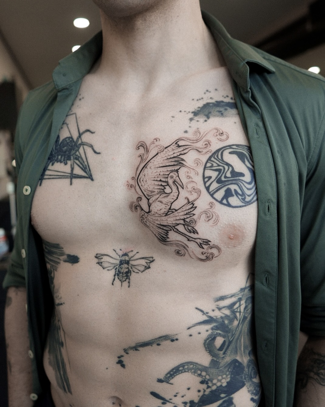 Mythical creature neo-traditional tattoo on the chest by Grace Zarmina Hessam