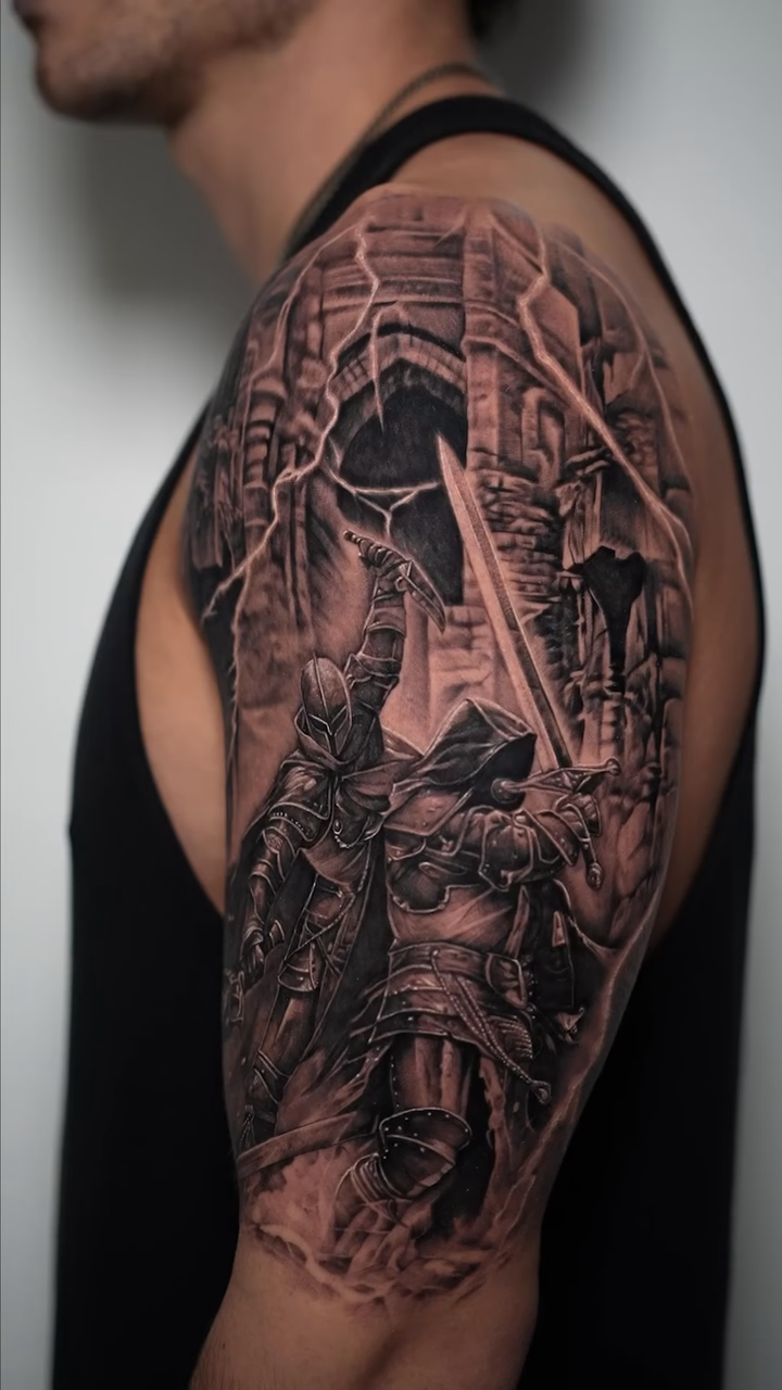 Armored figures in a ruined castle dark realism tattoo by Ethan Hubbard