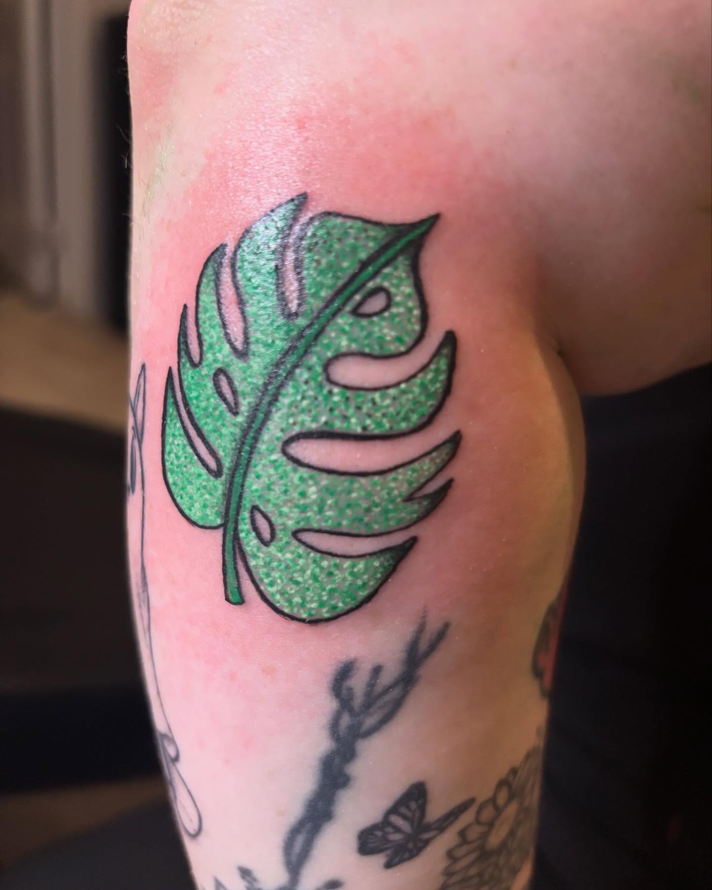 Monstera leaf dotwork tattoo on the forearm by Sonia vidal