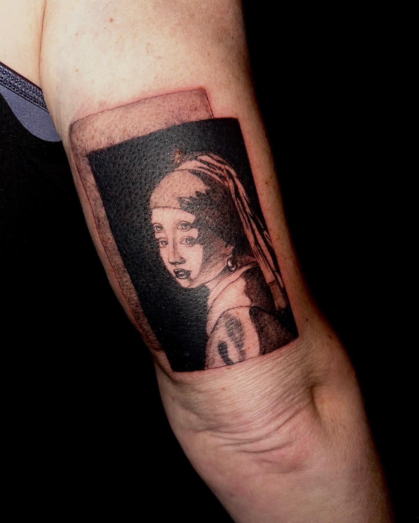 Girl with a Pearl Earring realism tattoo on the forearm by Marie Novotny, Lakewood, Ohio