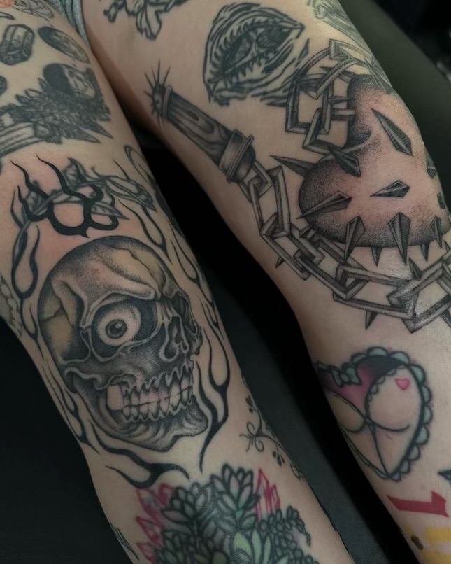 Skull and crown of thorns American traditional tattoo on the forearm by 𝖍𝖆𝖓𝖓𝖆𝖍