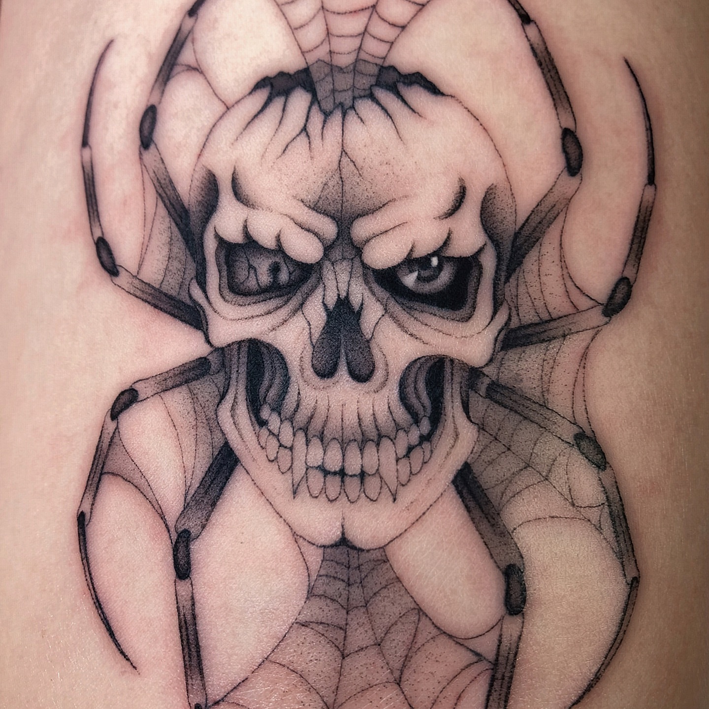 Skull with spider dotwork tattoo on the thigh by Mickey