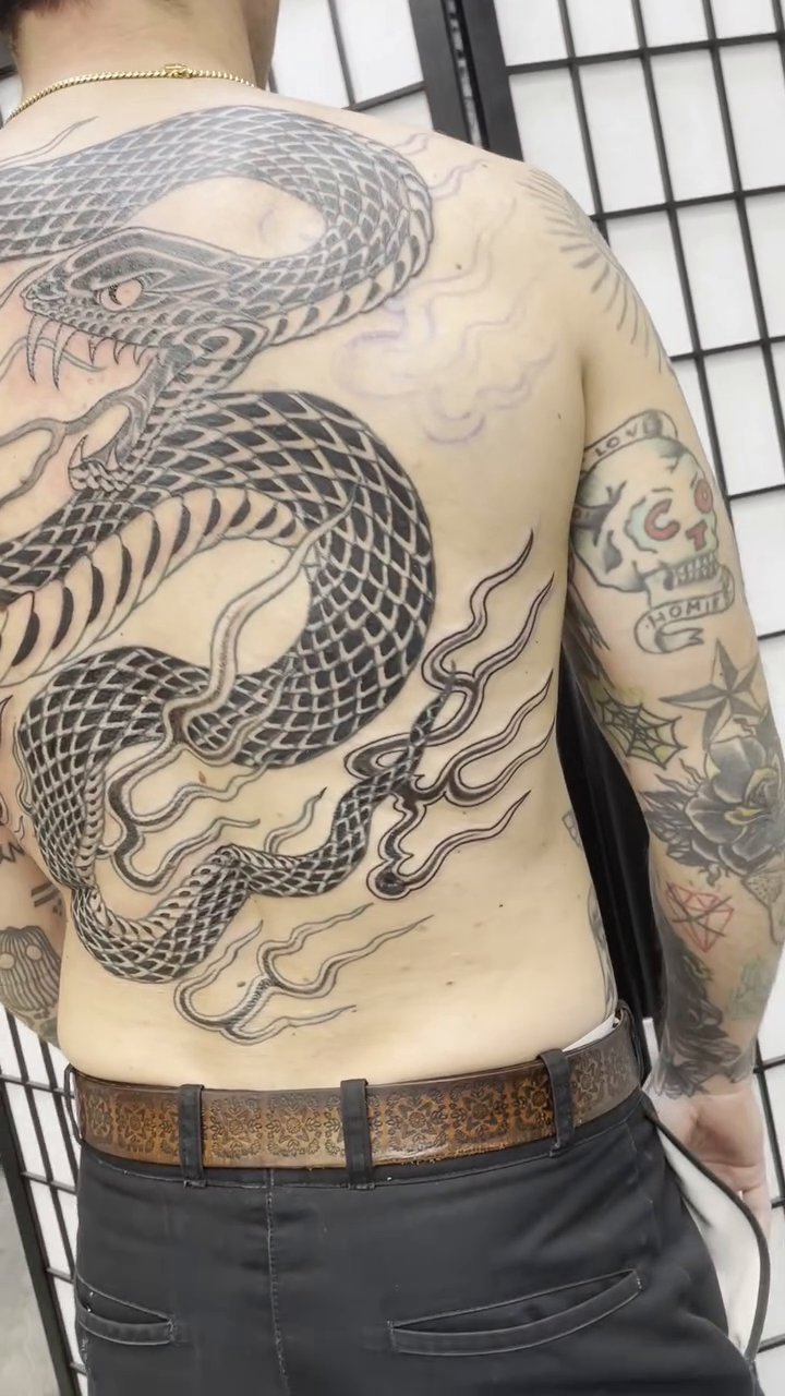 Full back snake tattoo Japanese tattoo on the back by Mister Joe Joe Frisco Tattoo, San Francisco, California