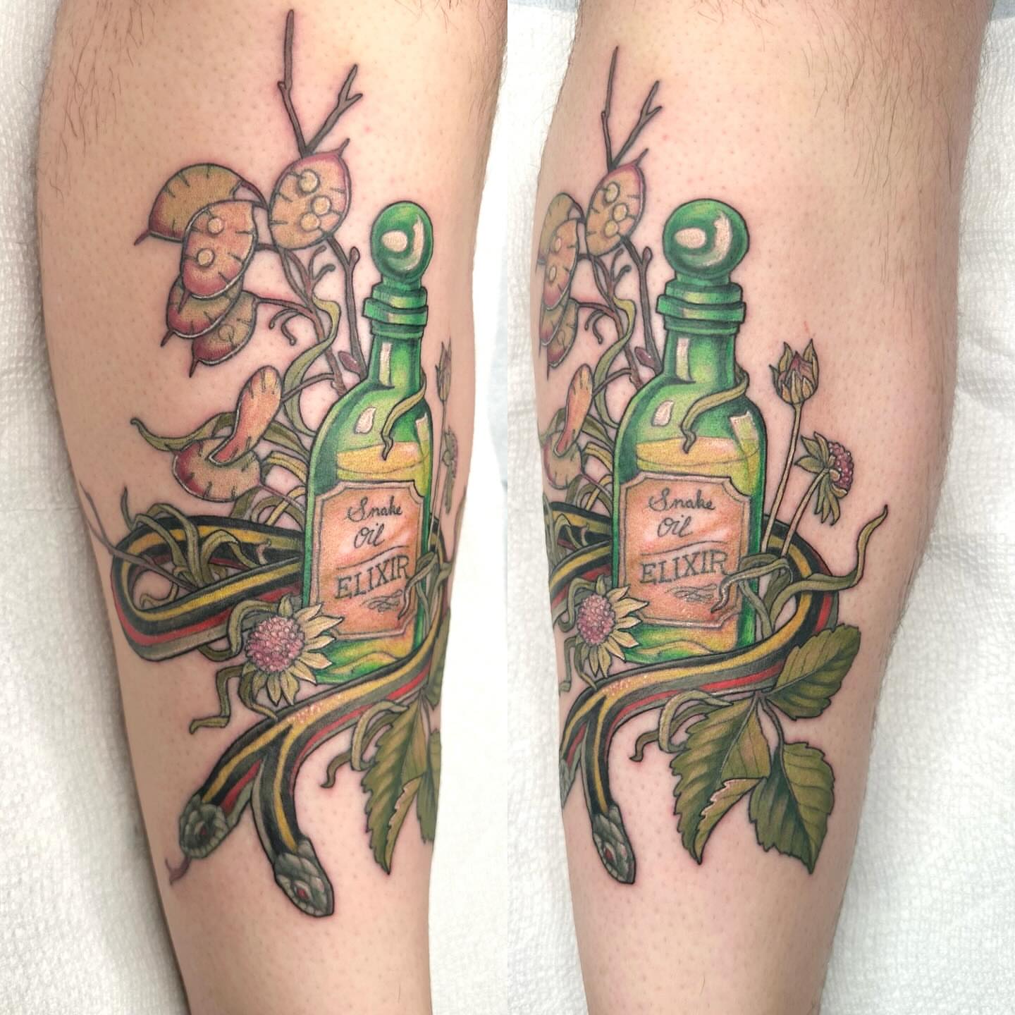 Snake oil elixir bottle American traditional tattoo on the forearm by Cassidy Depew, Seattle, Washington