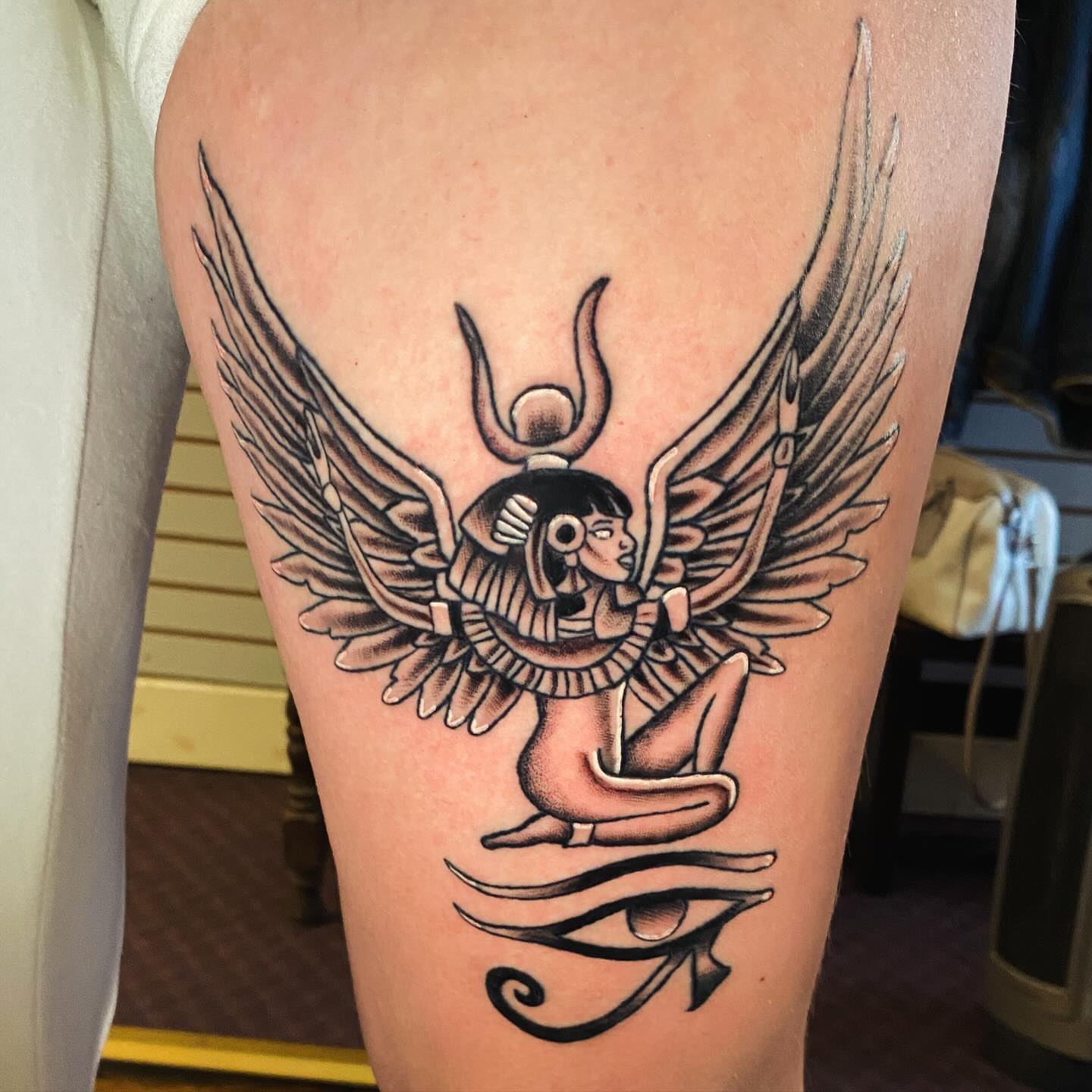 Ancient Egyptian deity American traditional tattoo on the thigh by Tommy O'Connell