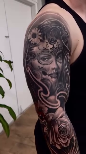 Day of the Dead inspired sleeve dark realism tattoo by DH Tattooing
