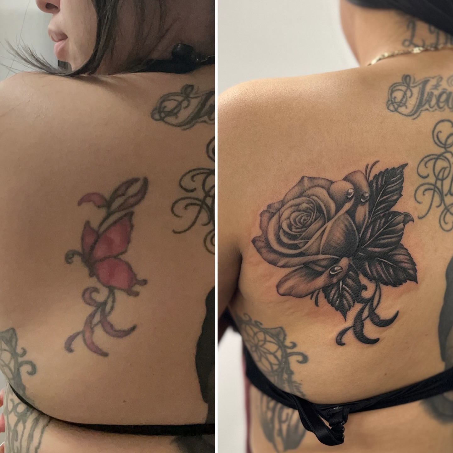 Butterfly black and grey tattoo on the back by 𝒲𝒾𝓃𝑜𝓃𝒶
