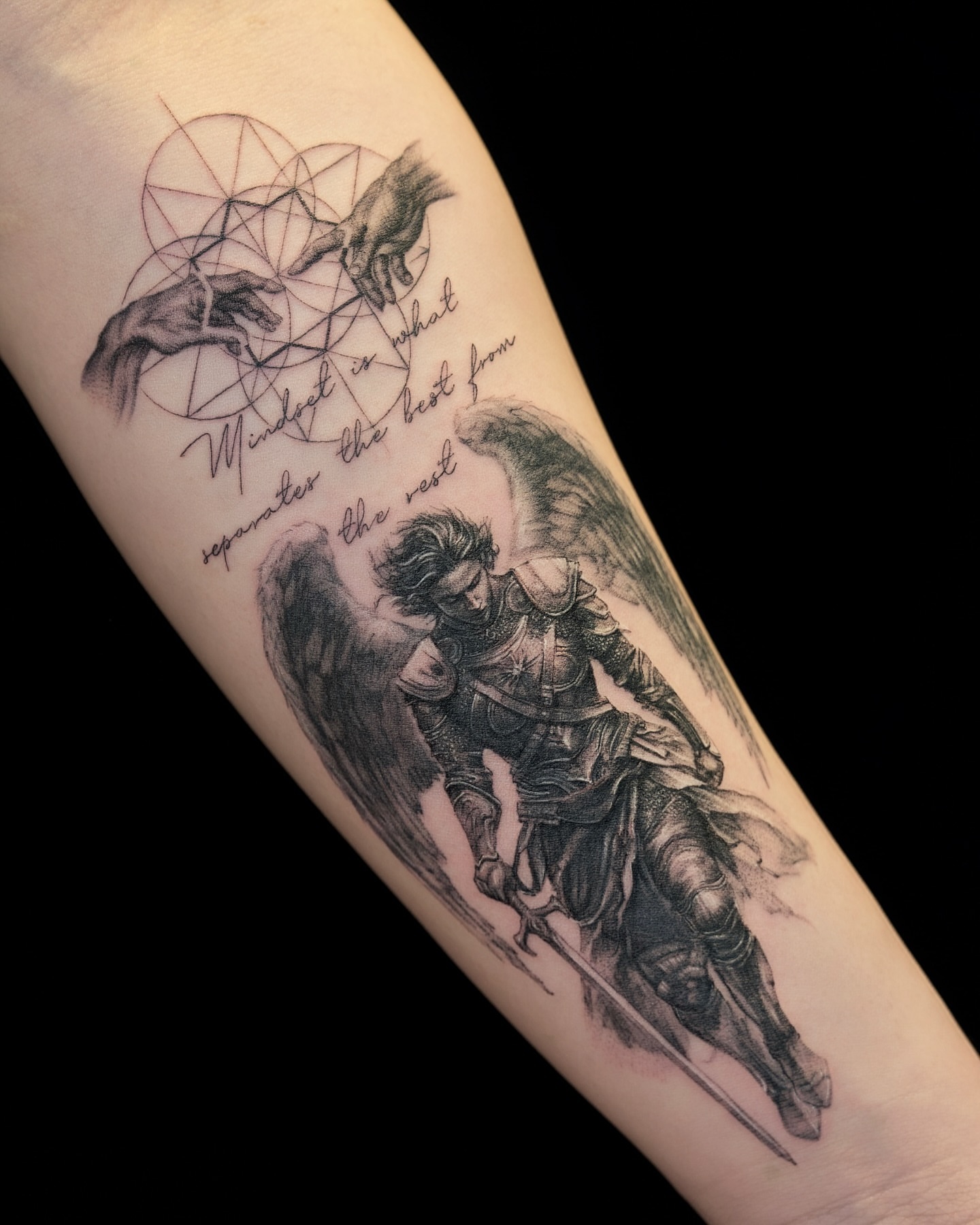 Angelic warrior realism tattoo on the forearm by Gen Li