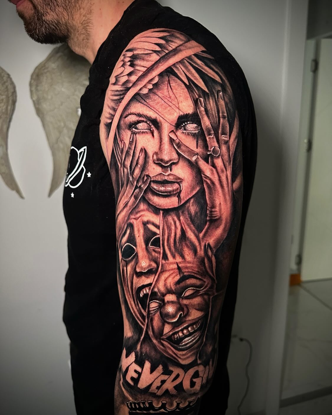 Woman's face realism tattoo on the forearm by Anghel Patricia