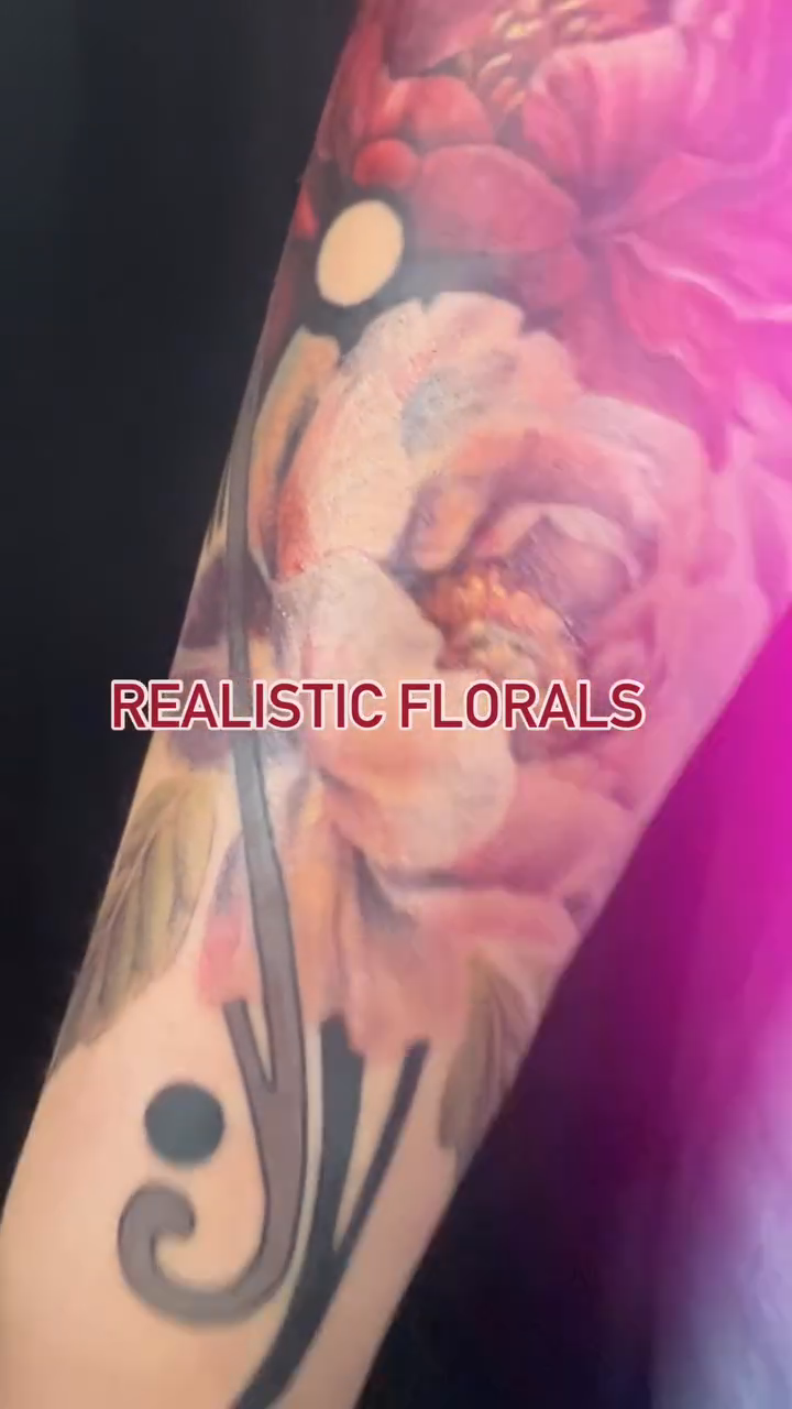 Floral arrangement realism tattoo by Sam Minter, Grafton, Massachusetts