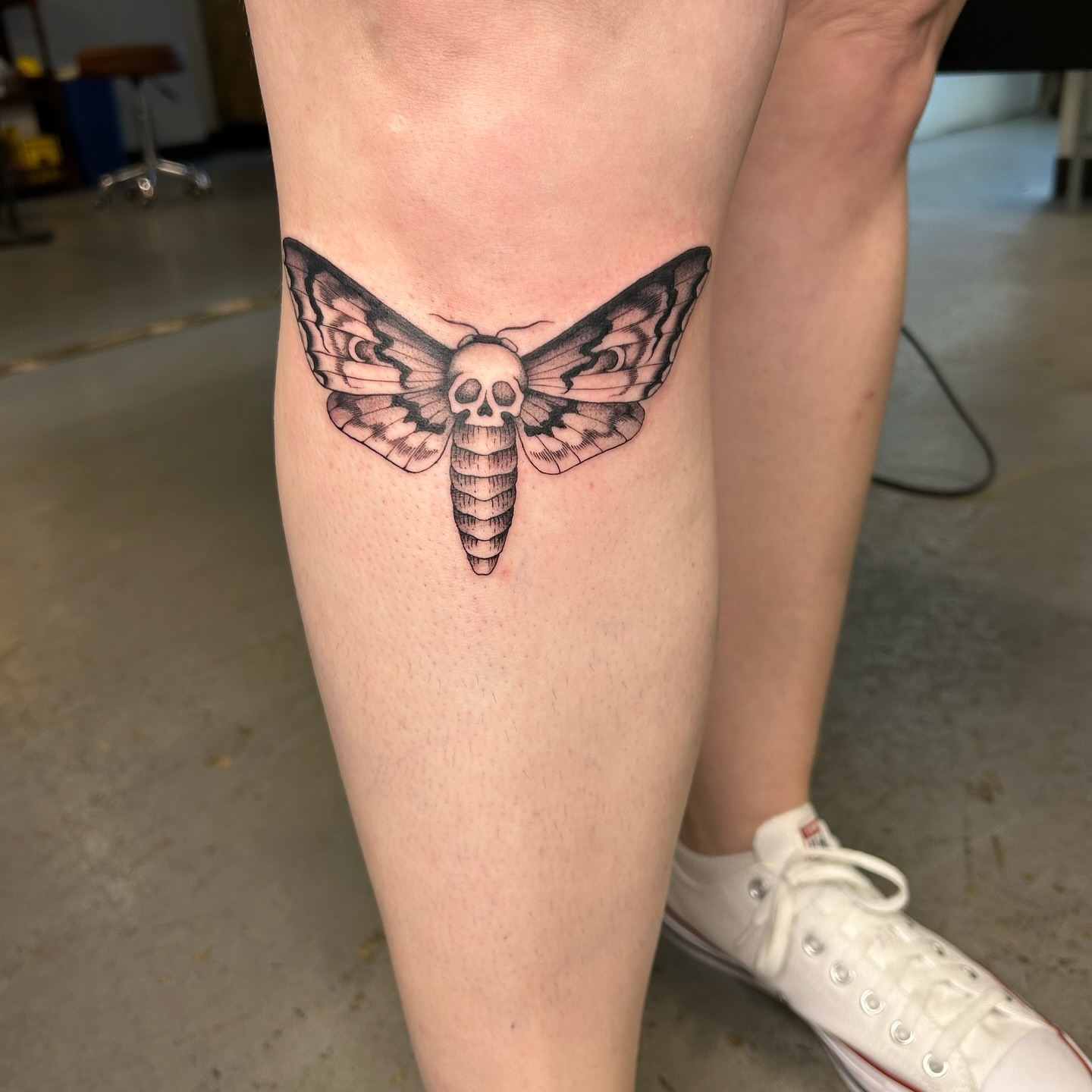 Death moth realism tattoo on the calf by ☻ darby robertson ☻