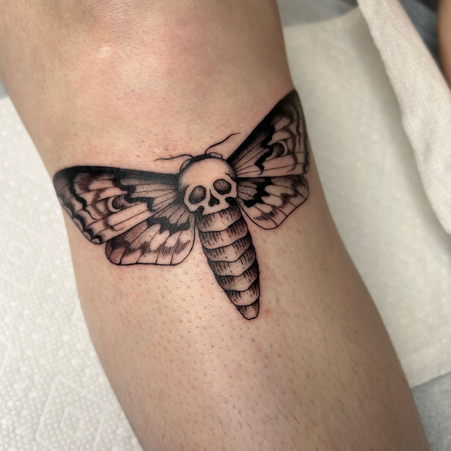 Moth with skull black and grey tattoo on the forearm by ☻ darby robertson ☻