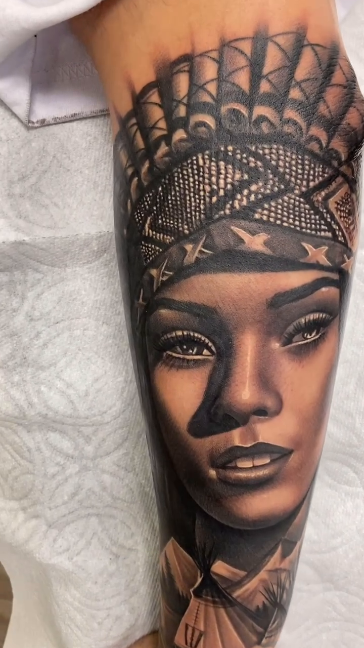 Portrait of a woman with headdress realism tattoo by Joshua ramirez, Montebello, California