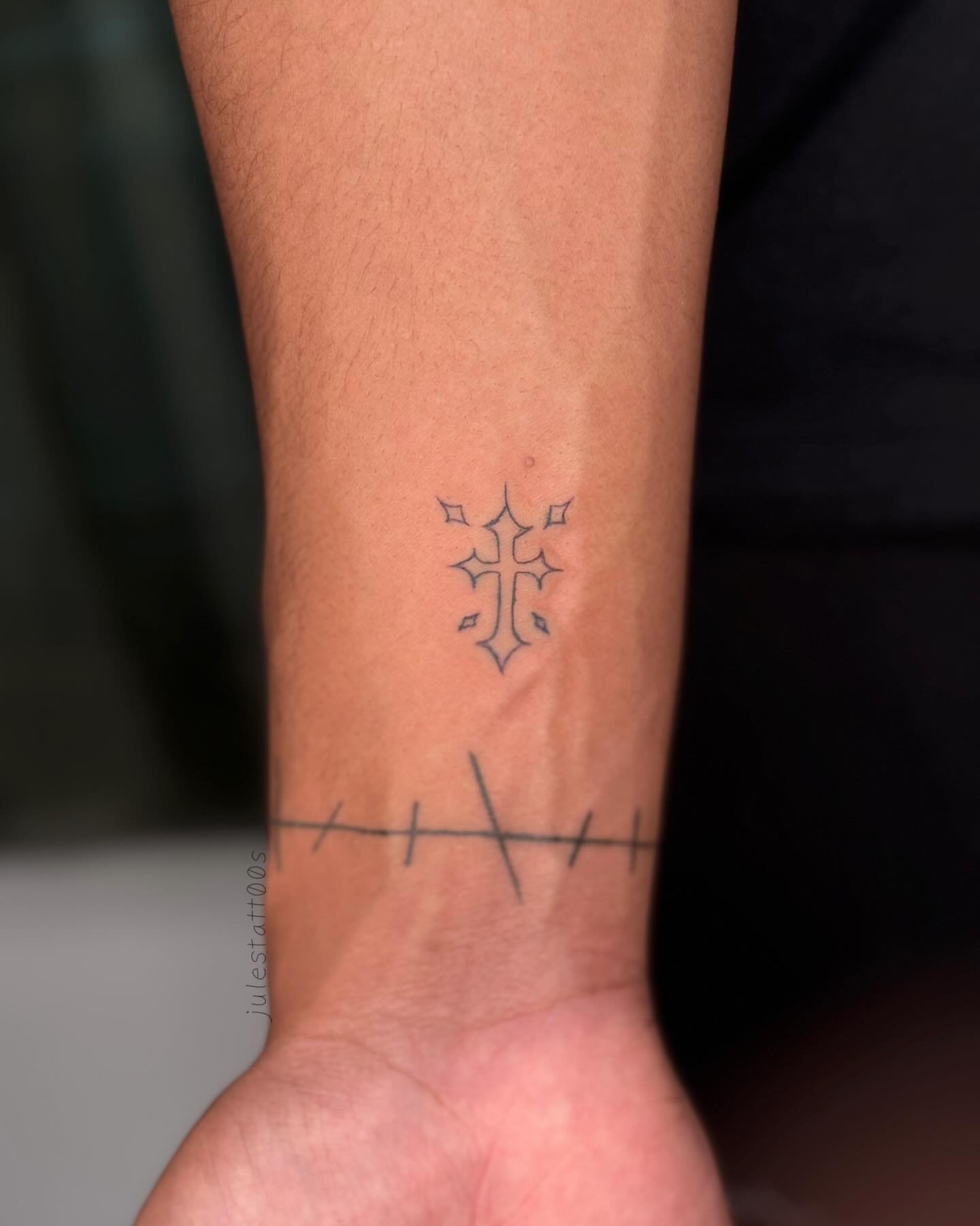 Cross geometric tattoo on the forearm by Juliette :D