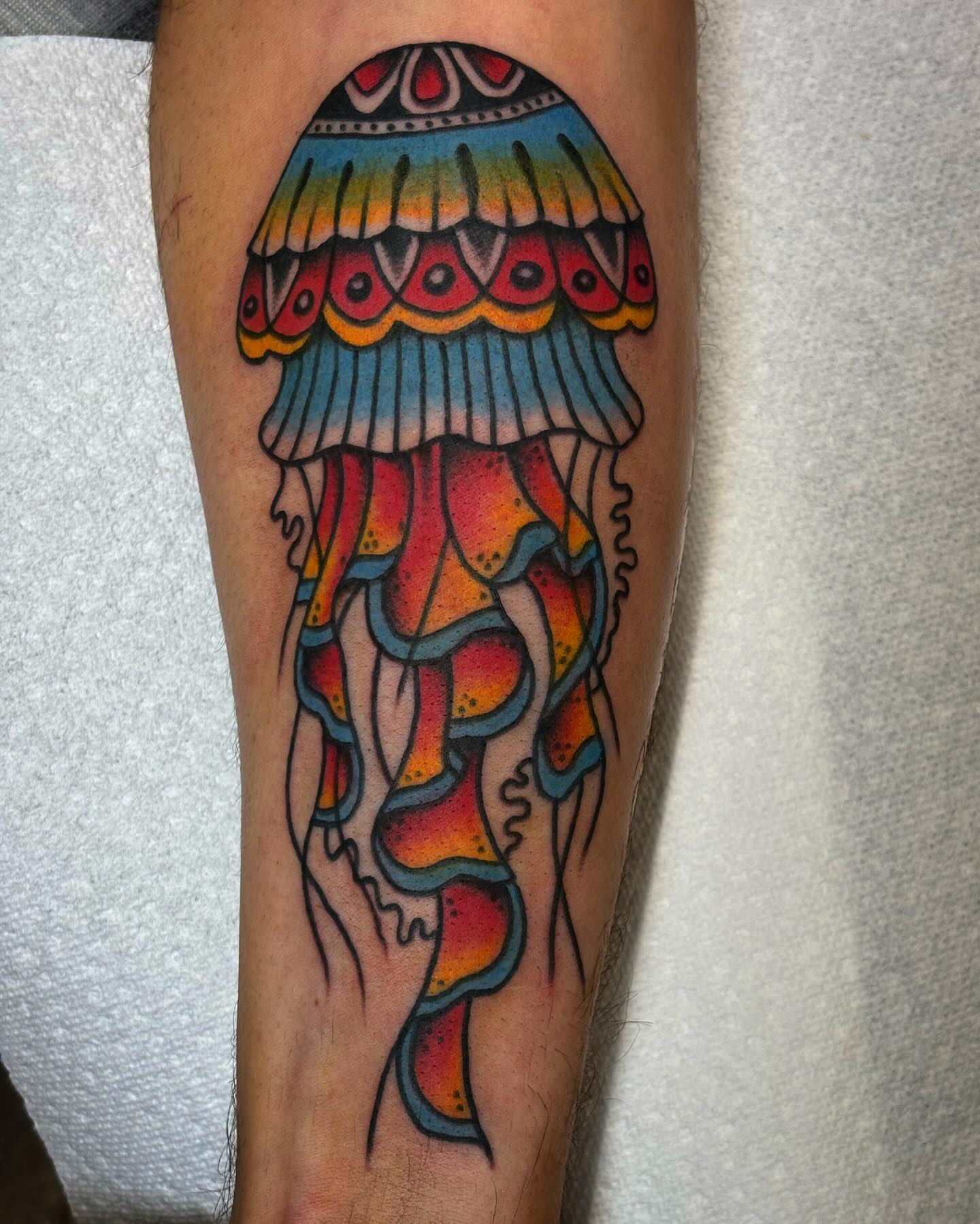 Jellyfish American traditional tattoo on the forearm by Brandi ⛓, Detroit, Michigan