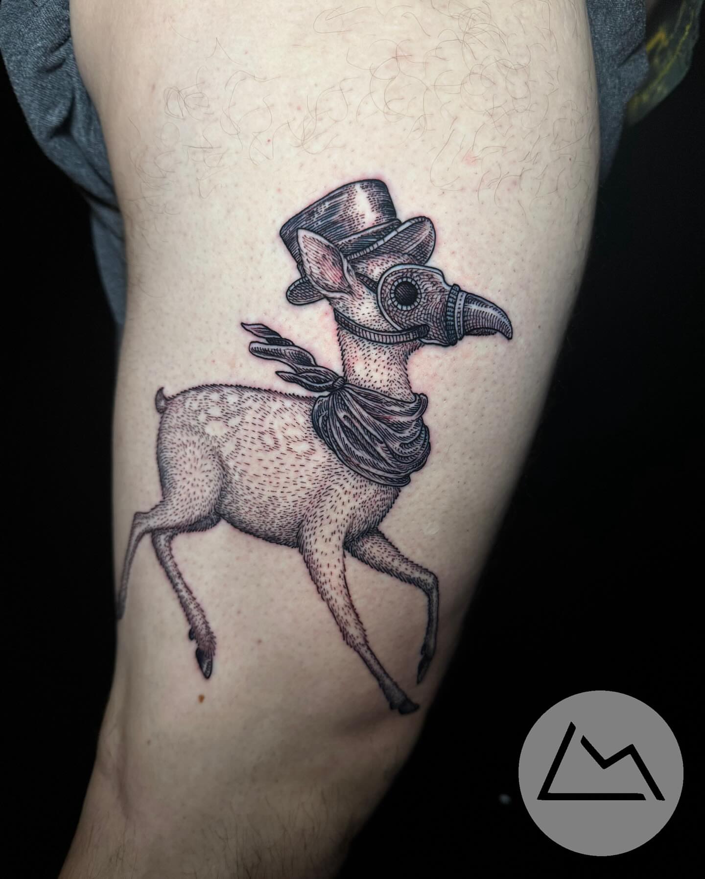 Deer with plague doctor mask dotwork tattoo on the forearm by Landon Morgan