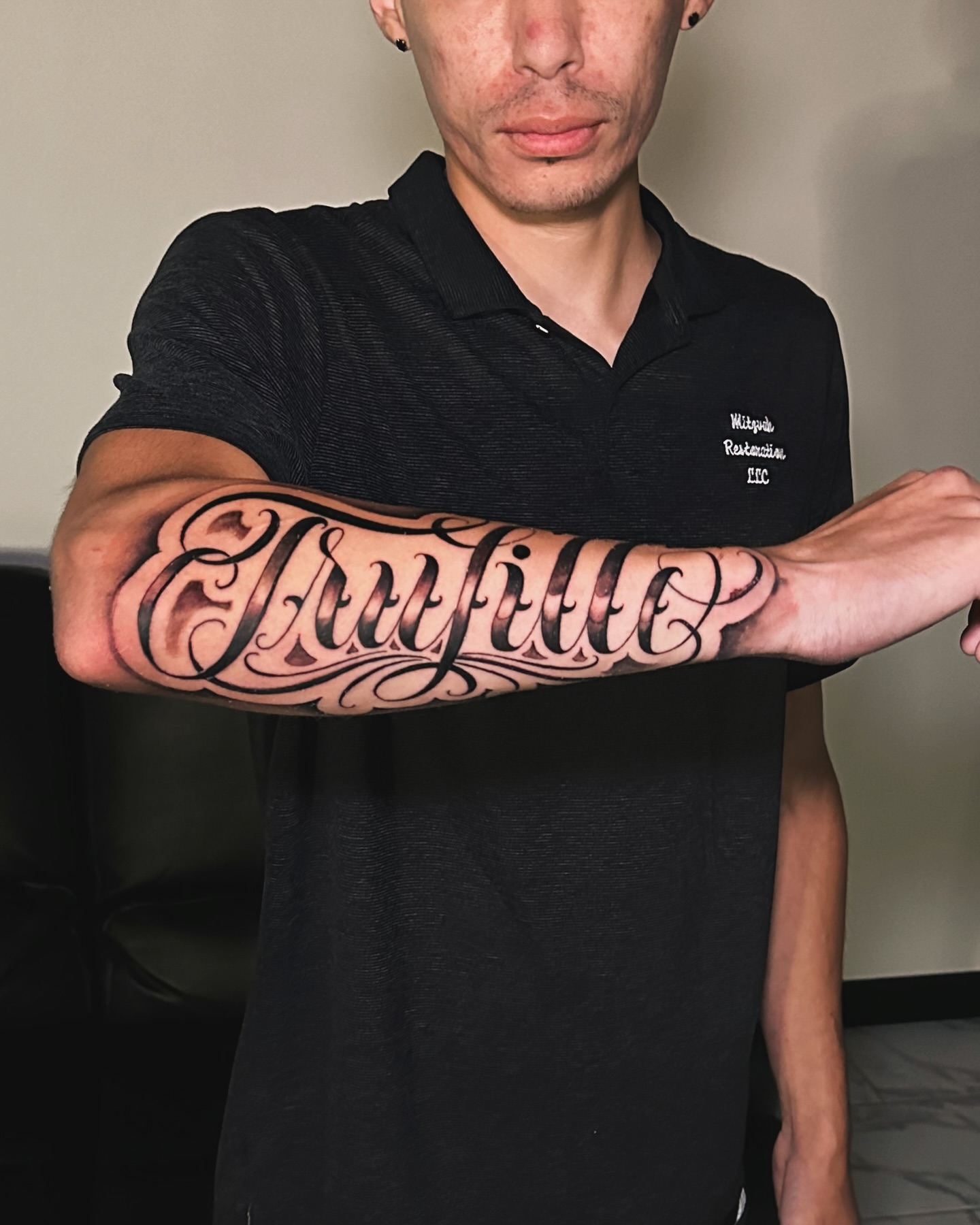 Script lettering lettering script tattoo on the forearm by Erick @ AZTEC_TATT
