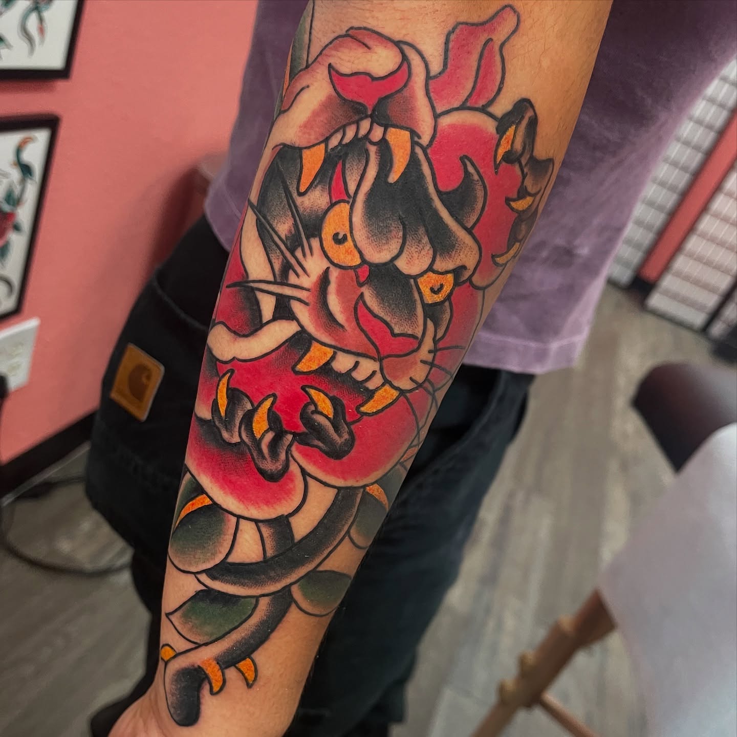 Cat American traditional tattoo on the forearm by adamsayre, San Diego, California