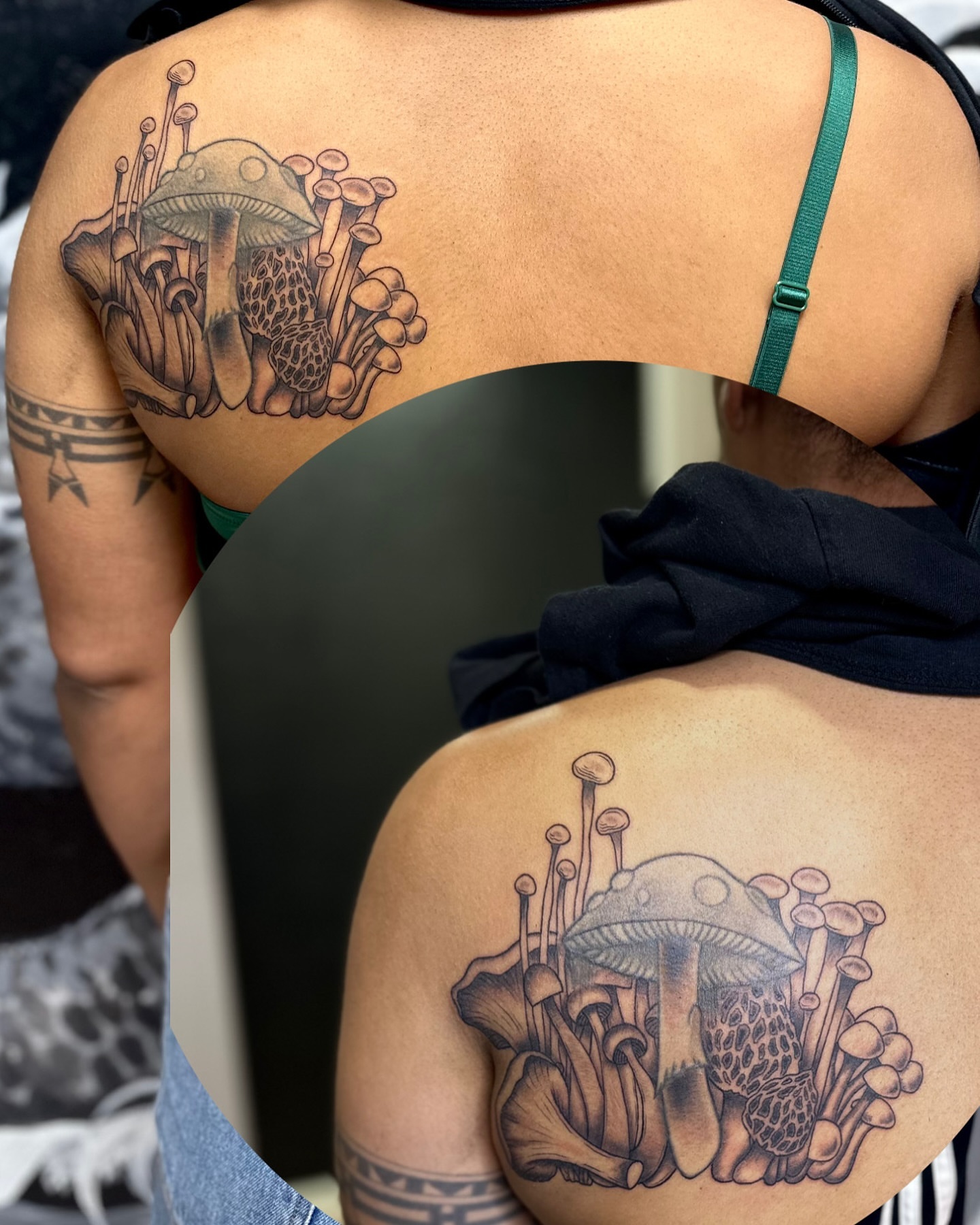 Mushroom cluster black and grey tattoo on the shoulder by Roxanne Ochoa