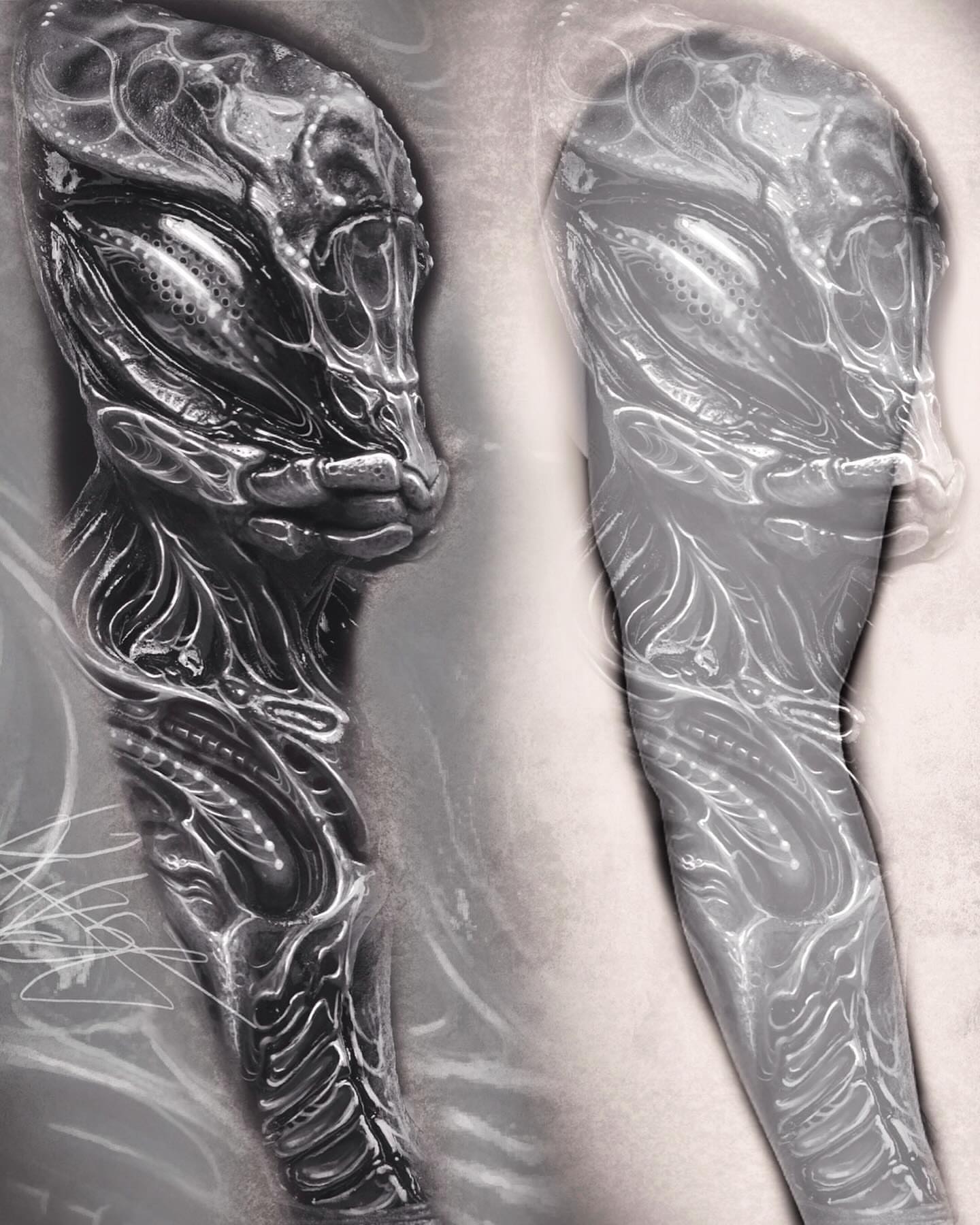 Alien realism tattoo on the chest by Jason Wheelwright