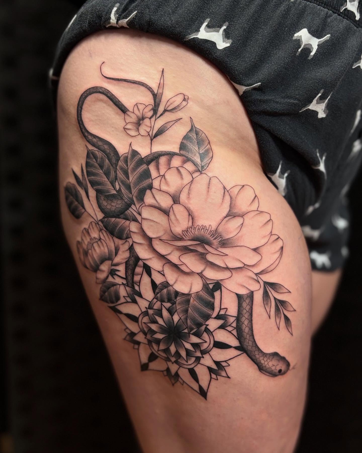 Snake and peony black and grey tattoo on the thigh by ✨Dani Jackson✨, New Orleans, Louisiana