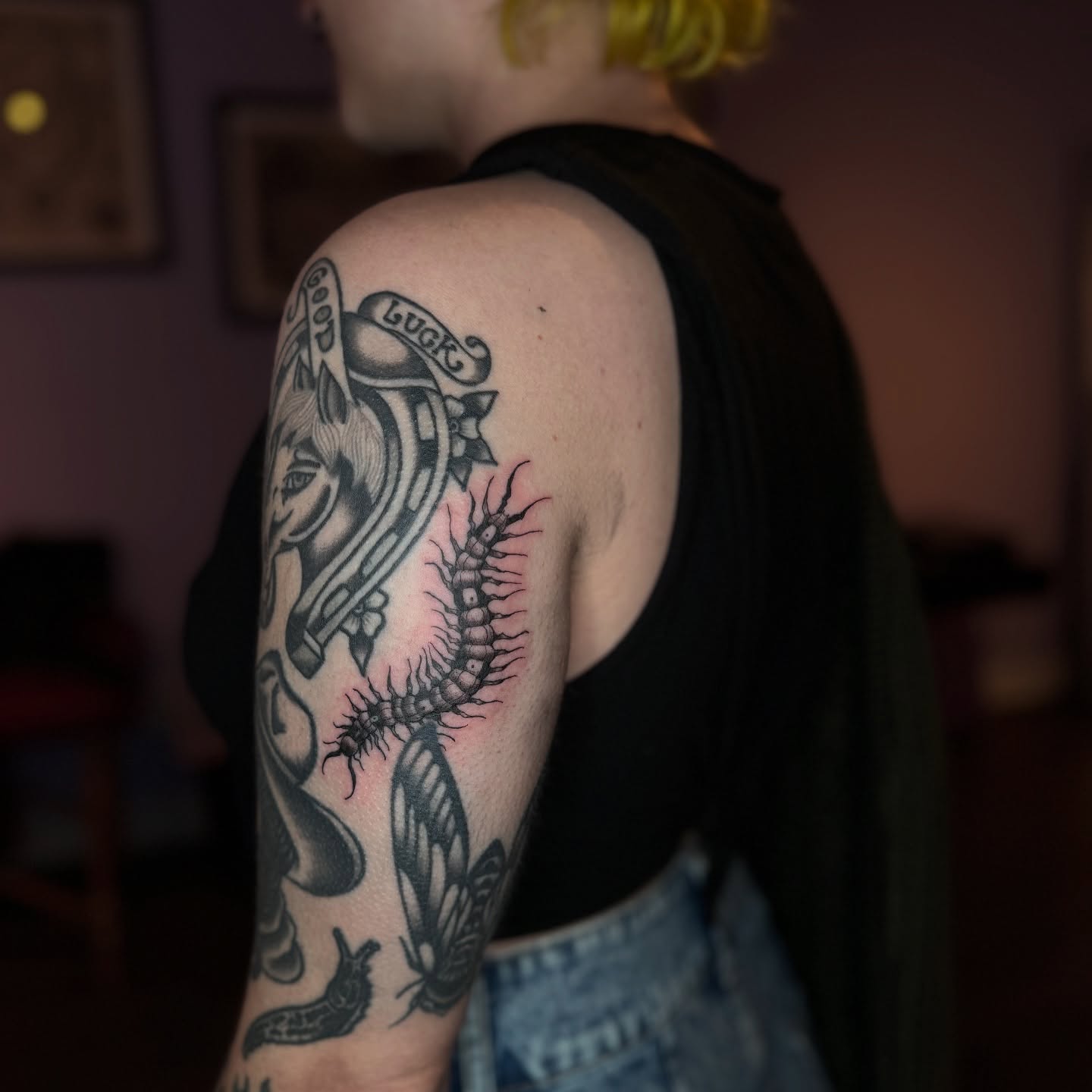 Centipede and skull realism tattoo on the upper arm by Honey