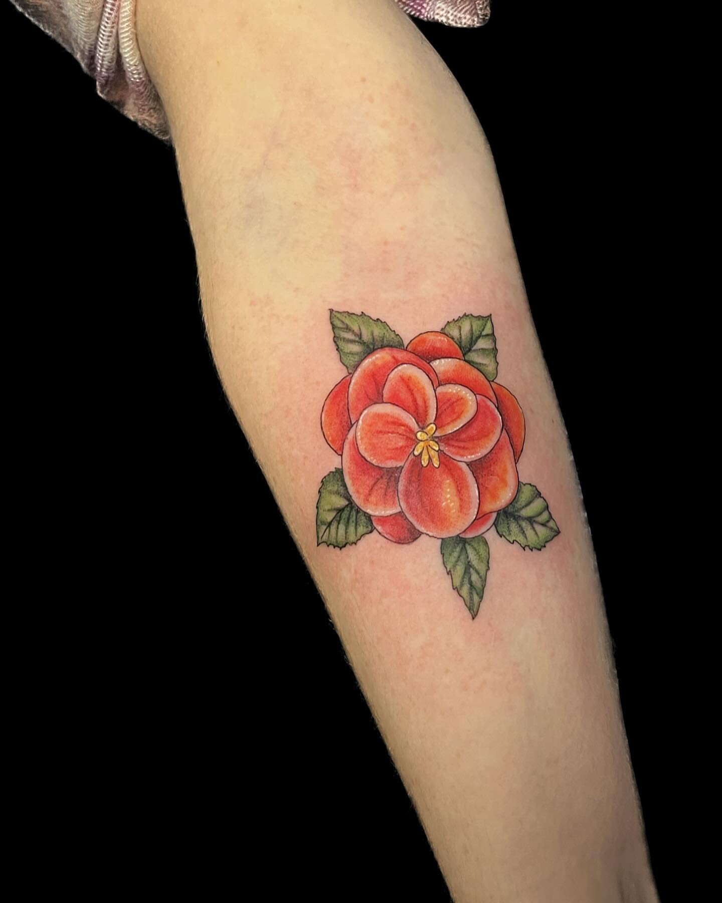 Red flower realism tattoo on the forearm by 🖤Sabrina Ryan🖤