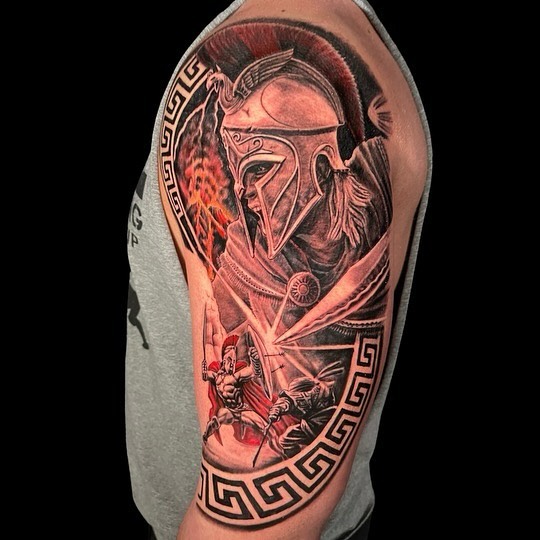 Warrior helmet realism tattoo on the forearm by Ohio Realism Tattoo Artist