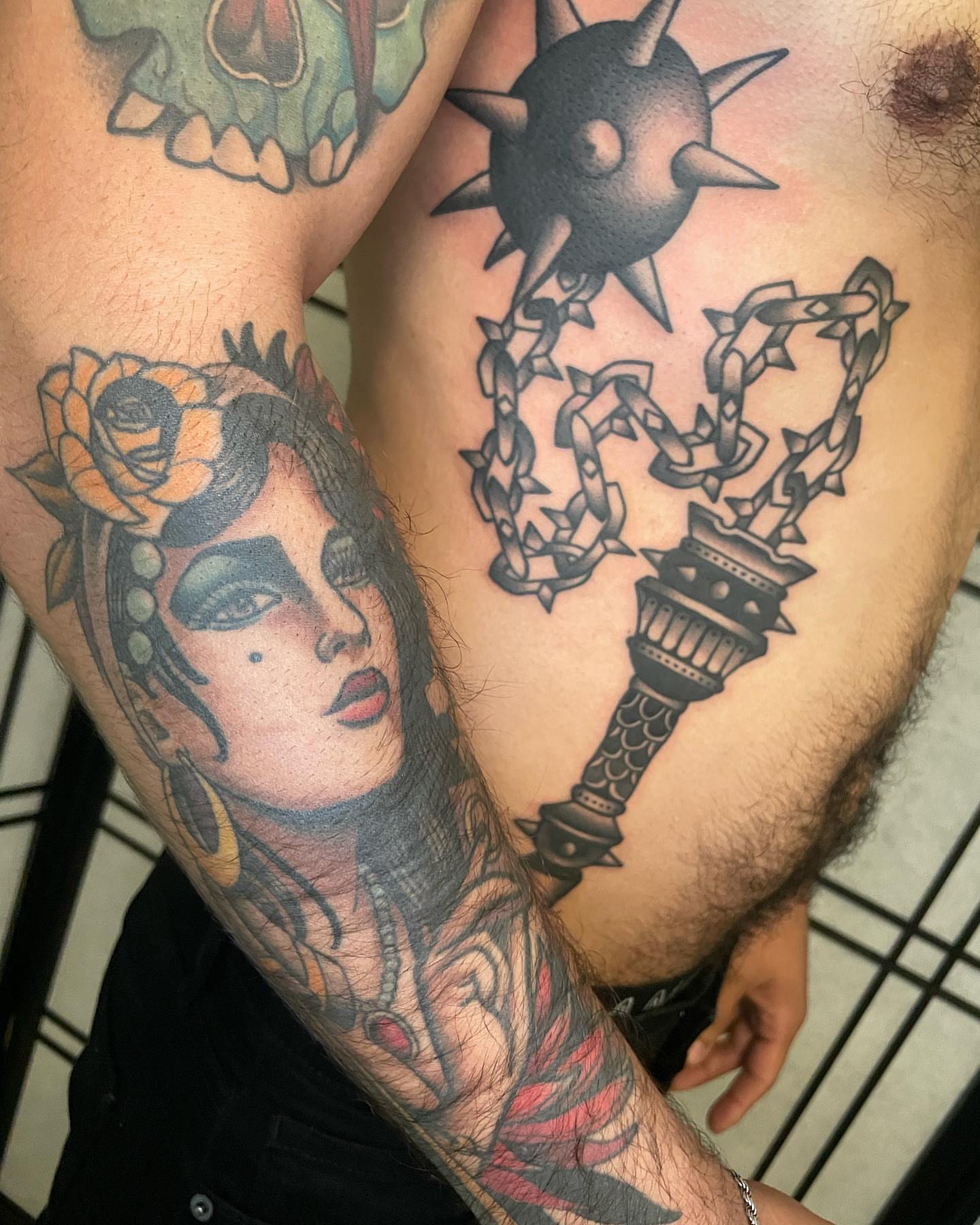 Woman's face American traditional tattoo on the upper arm by Seattle Tattoo Artist, Bonney Lake, Washington