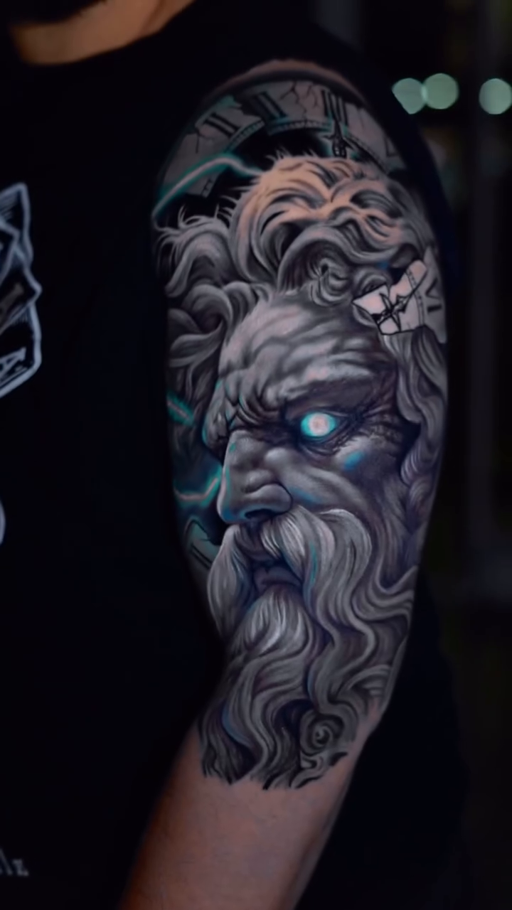 Zeus portrait realism tattoo by Yasmani ramirez