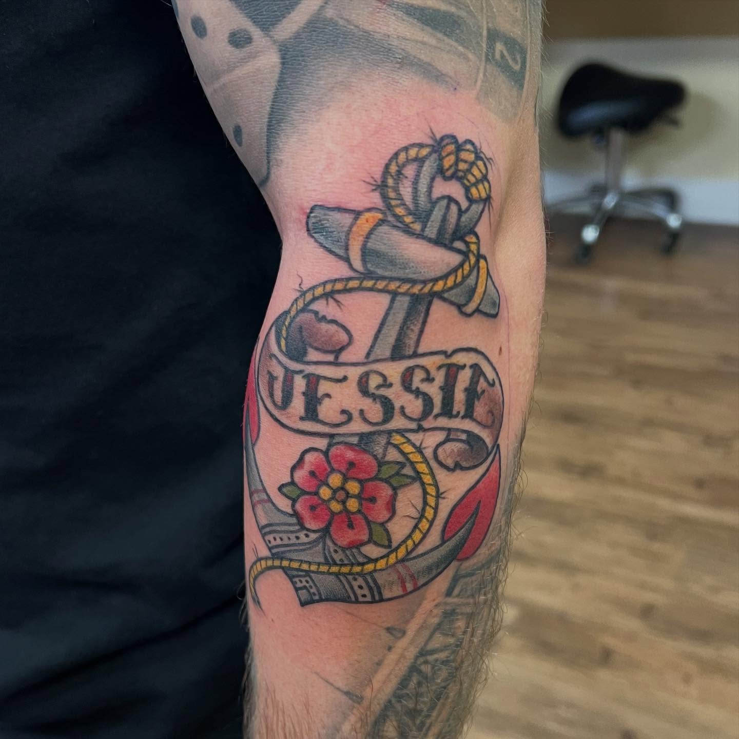 Anchor and rope American traditional tattoo on the forearm by Bob Simmons