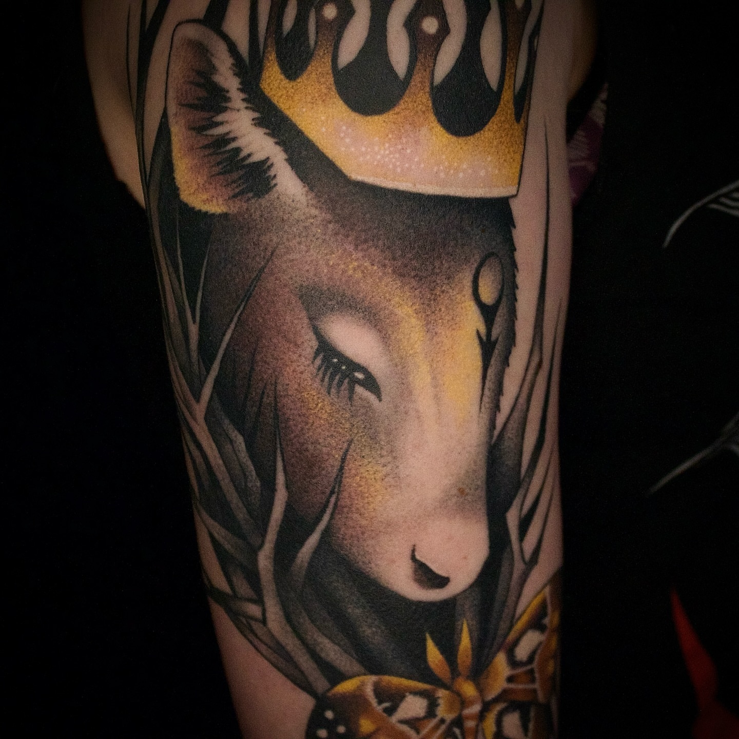 Fox with crown realism tattoo on the forearm by Galen